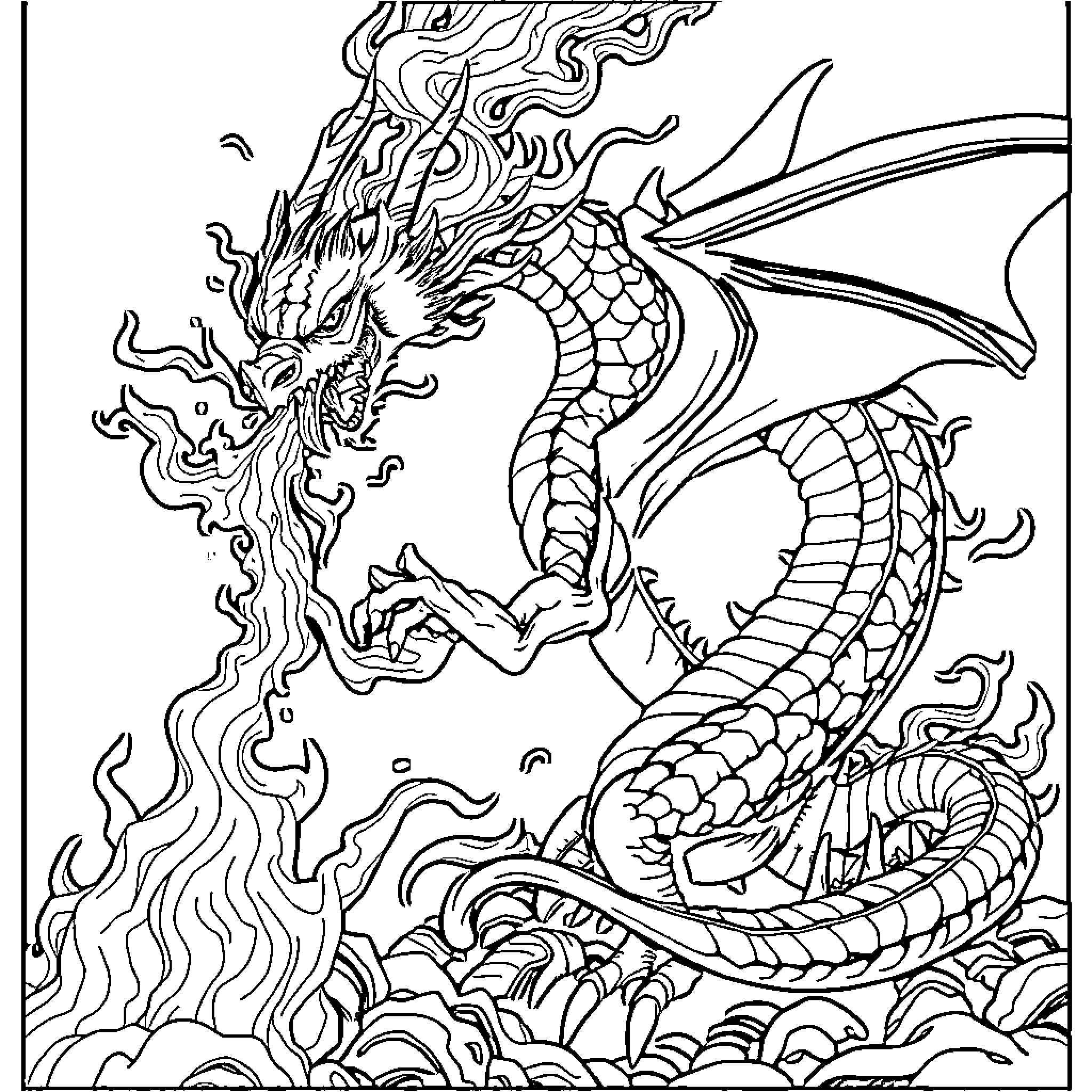 Dragon unleashing fiery power amid swirling chaos Coloring Page (free black-and-white line drawing printable PDF for all, from beginners to advanced learners, including children, teens, adults, and seniors)