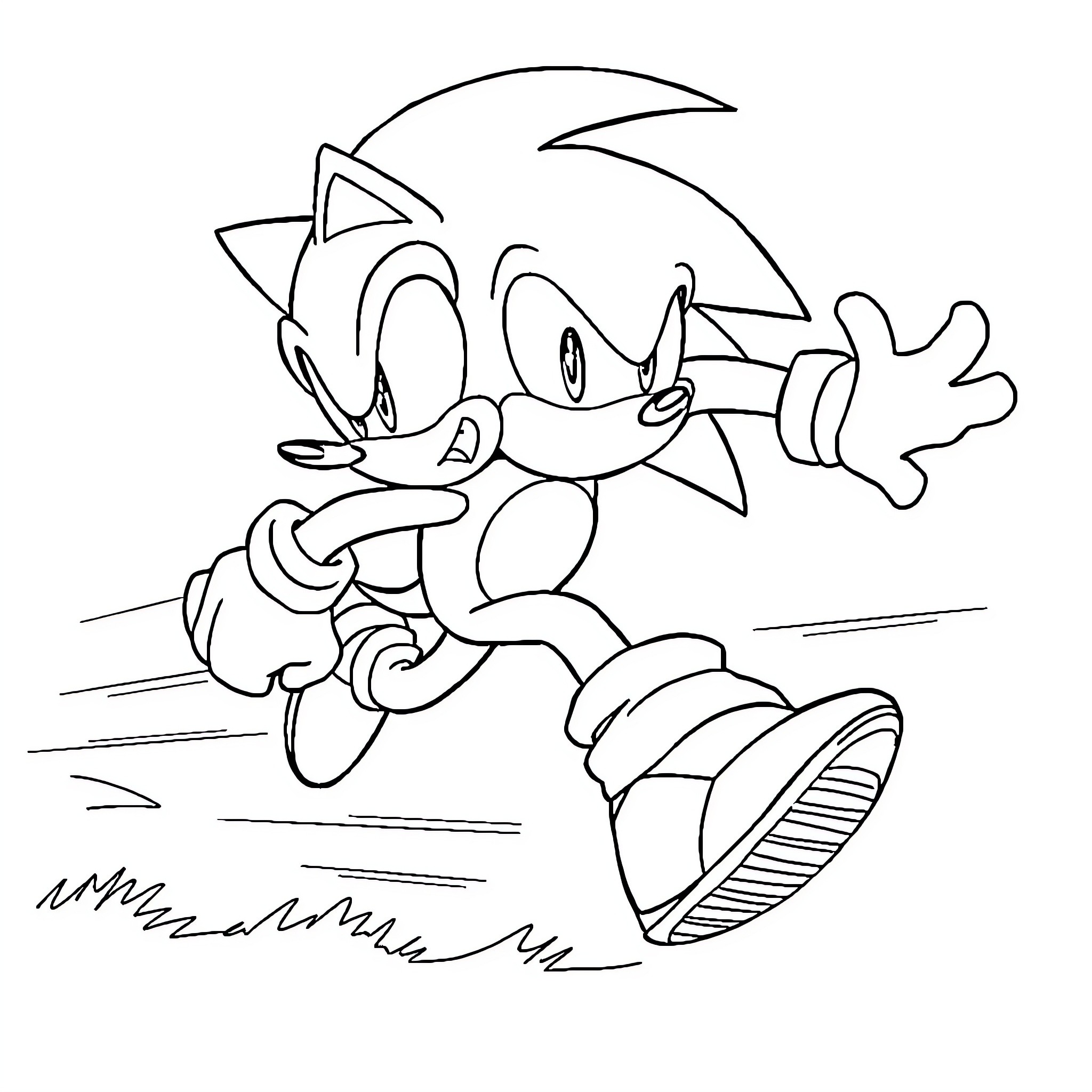 Sonic running dynamically through the environment Coloring Page (free black-and-white line drawing printable PDF for all, from beginners to advanced learners, including children, teens, adults, and seniors)