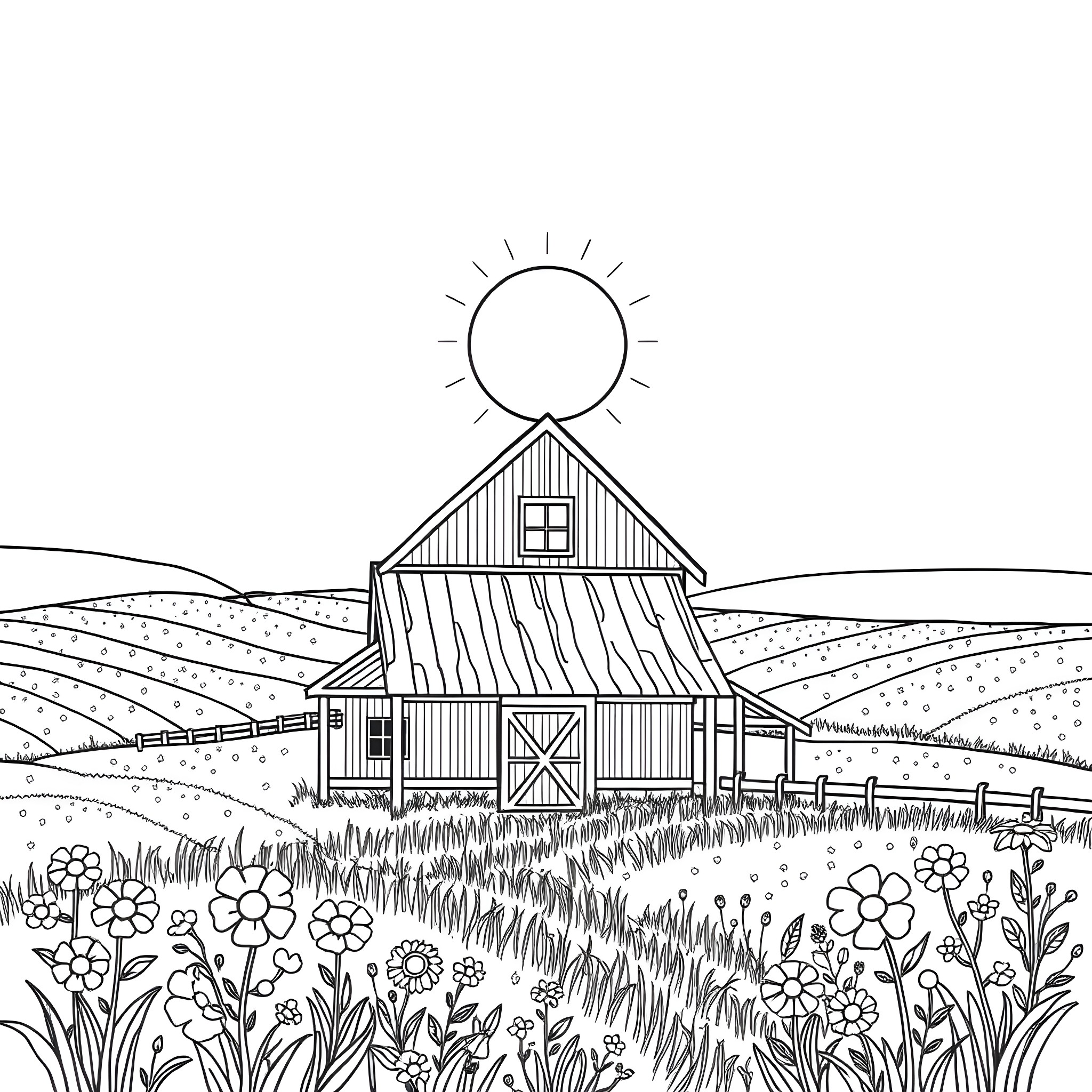 Sun shining over the rustic barn on the countryside Coloring Page (free black-and-white line drawing printable PDF for all, from beginners to advanced learners, including children, teens, adults, and seniors)
