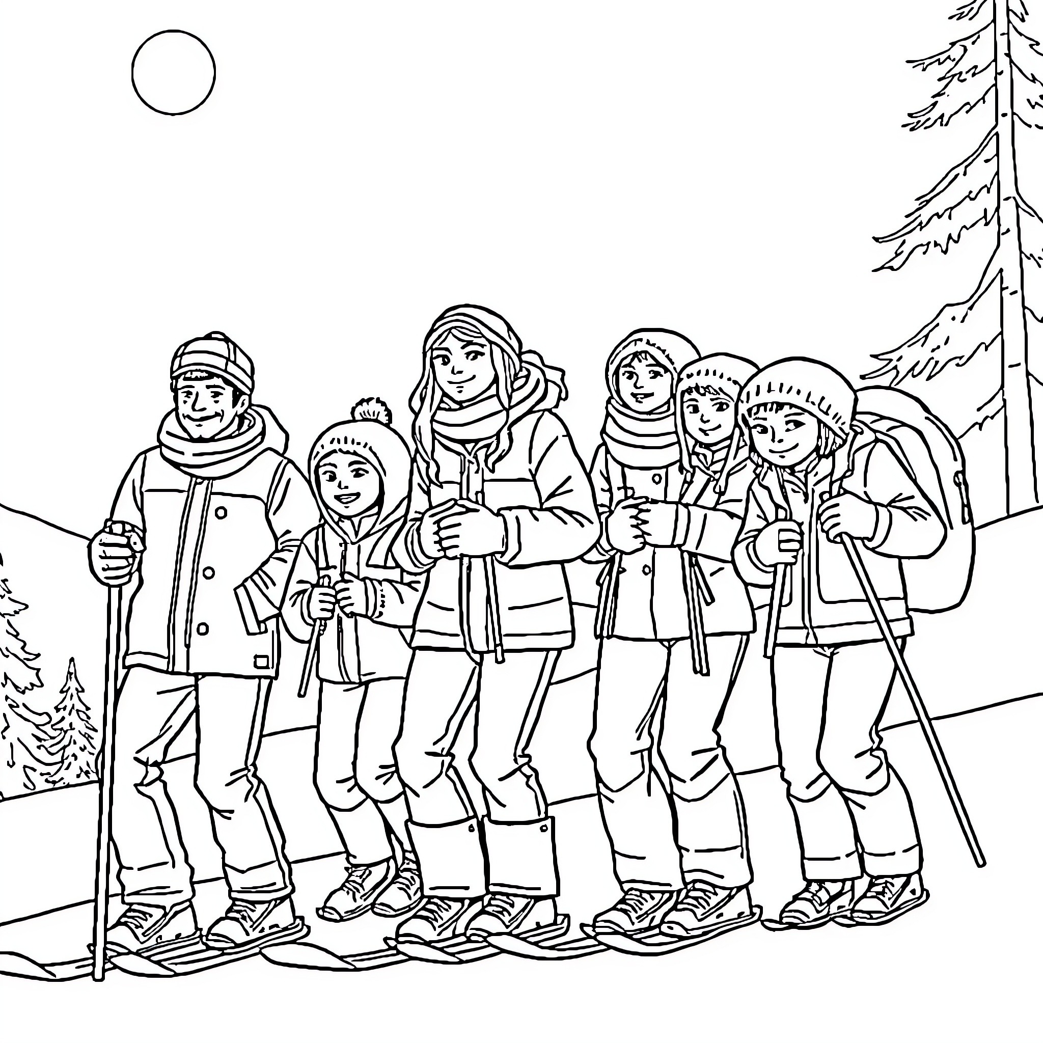 Family Enjoying Winter Outdoor Adventure Coloring Page (free black-and-white line drawing printable PDF for all, from beginners to advanced learners, including children, teens, adults, and seniors)
