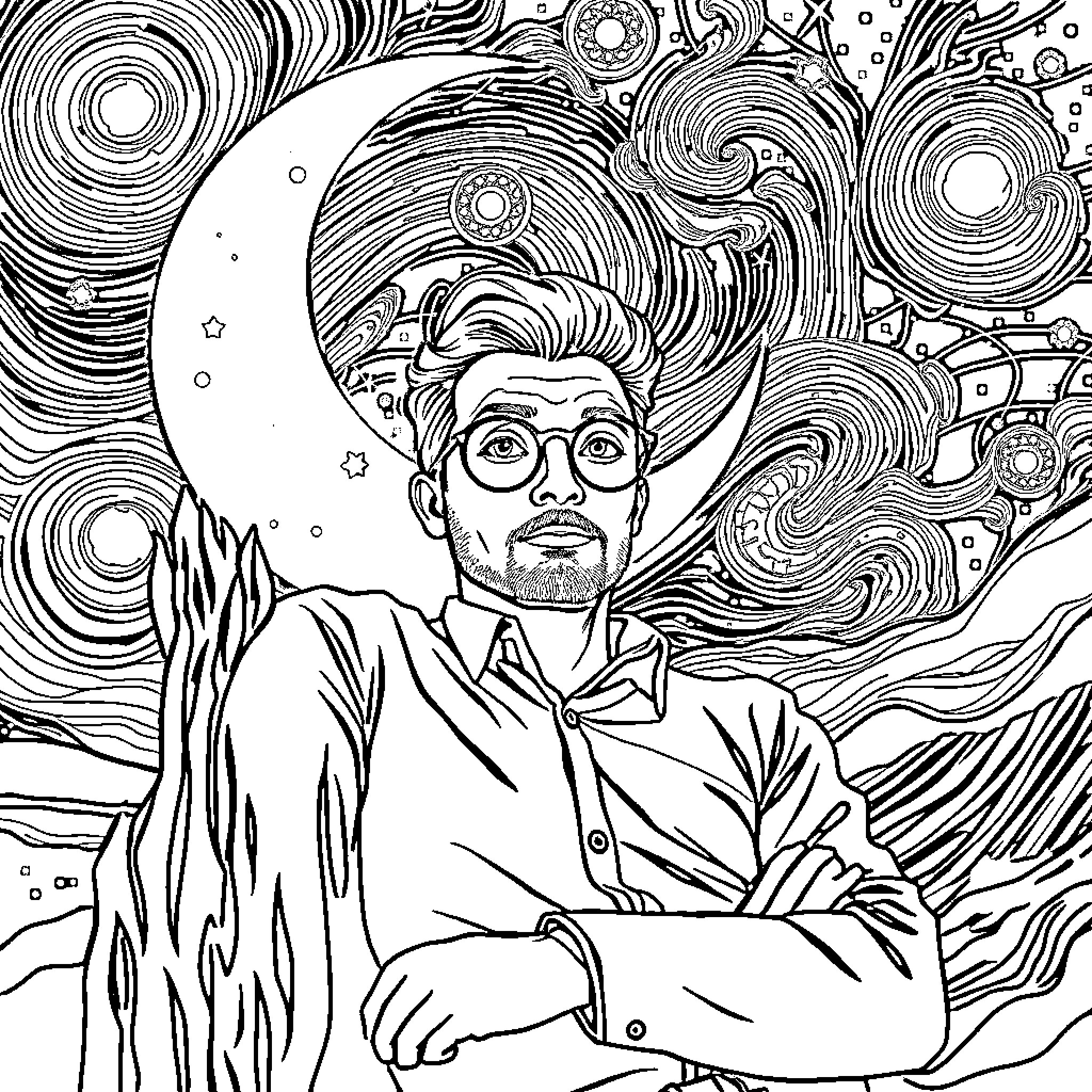 Man in Starry Night Inspired Artistic Portrait Coloring Page (free black-and-white line drawing printable PDF for all, from beginners to advanced learners, including children, teens, adults, and seniors)