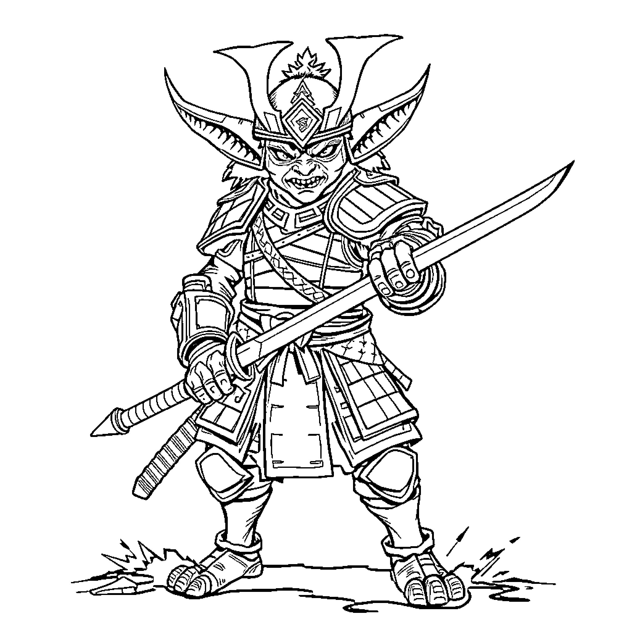 Goblin Samurai Warrior's Fierce Stance Coloring Page (free black-and-white line drawing printable PDF for all, from beginners to advanced learners, including children, teens, adults, and seniors)
