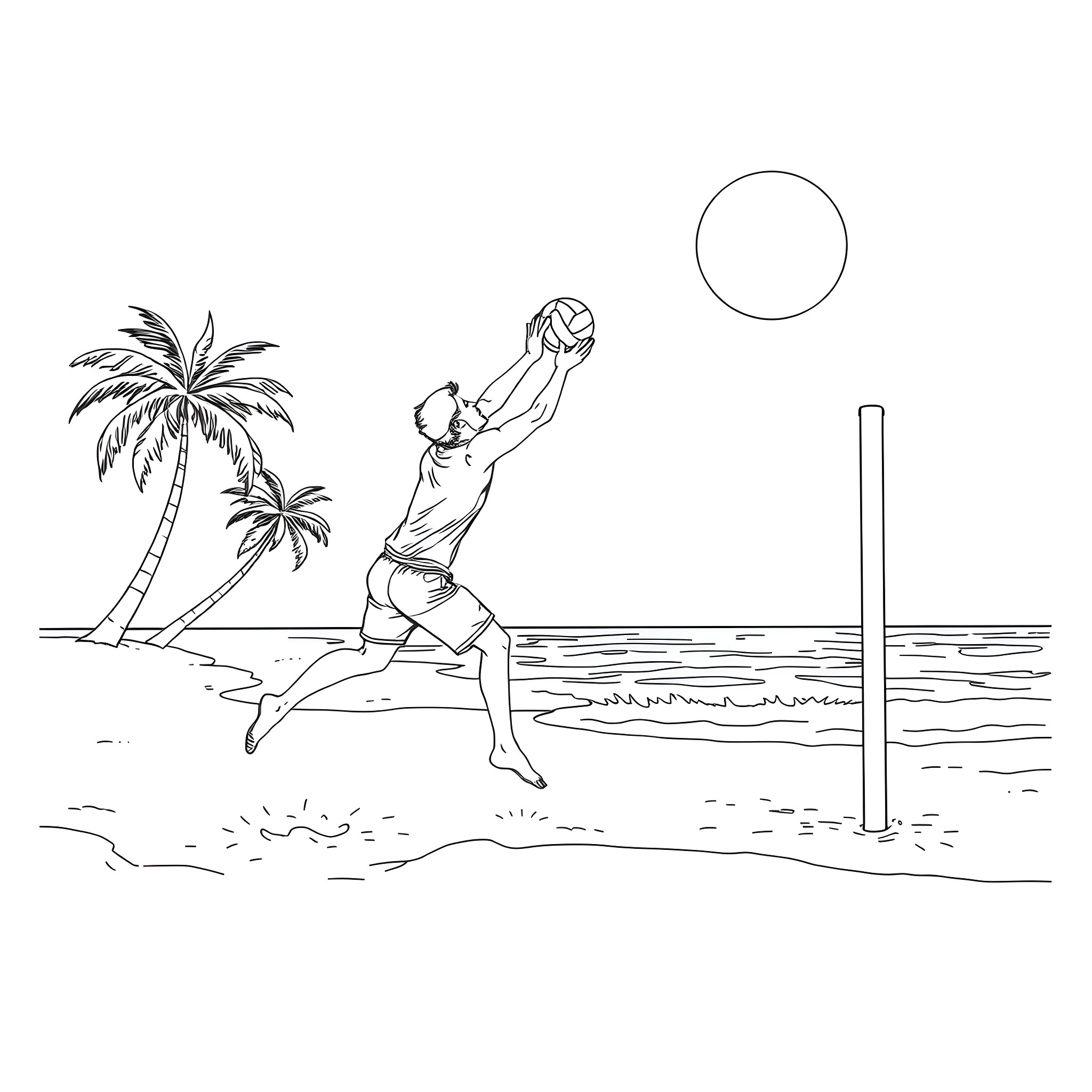 Millwright playing beach volleyball in the tropics Coloring Page (free black-and-white line drawing printable PDF for all, from beginners to advanced learners, including children, teens, adults, and seniors)