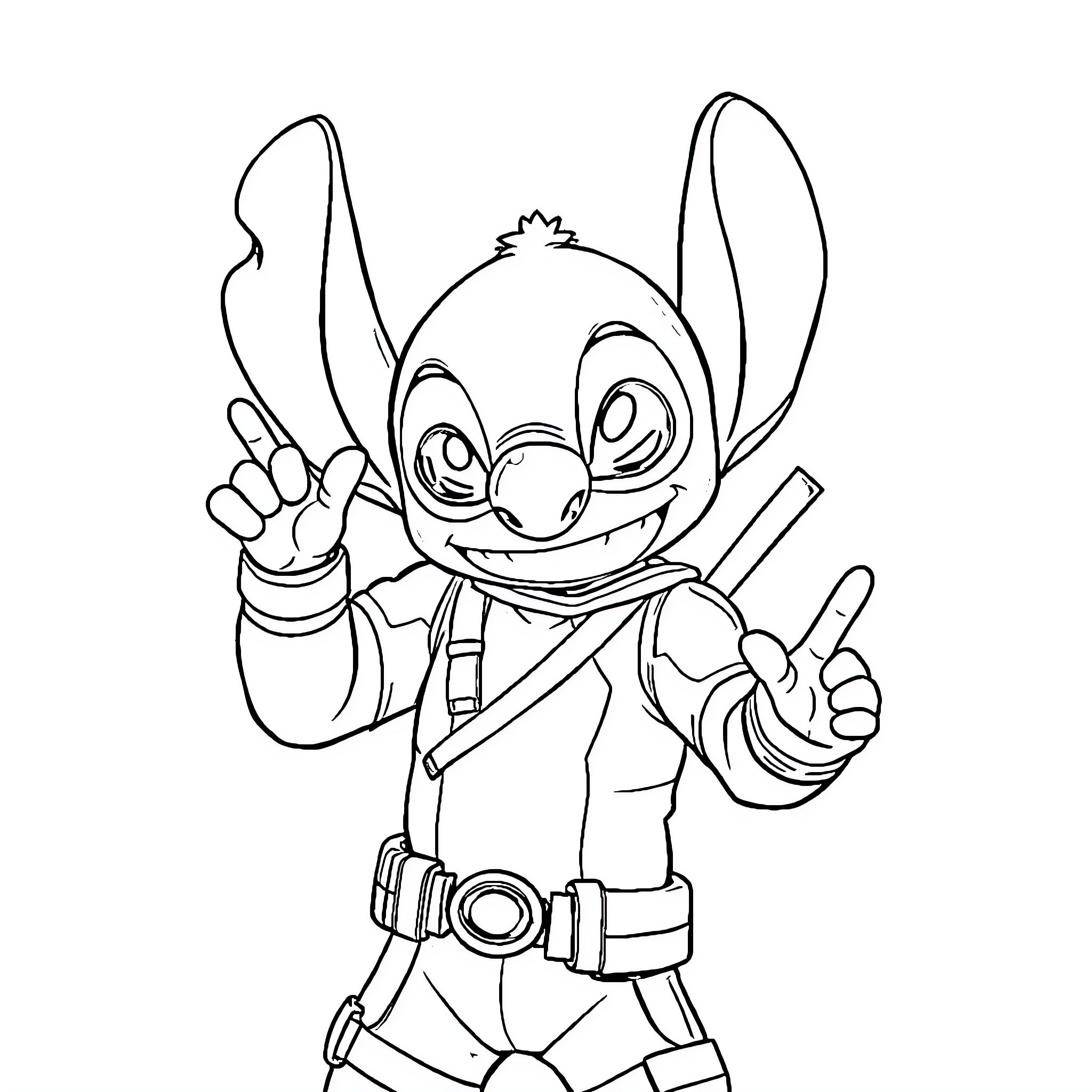 Deadpool-inspired Stitch cheerfully poses Coloring Page (free black-and-white line drawing printable PDF for all, from beginners to advanced learners, including children, teens, adults, and seniors)