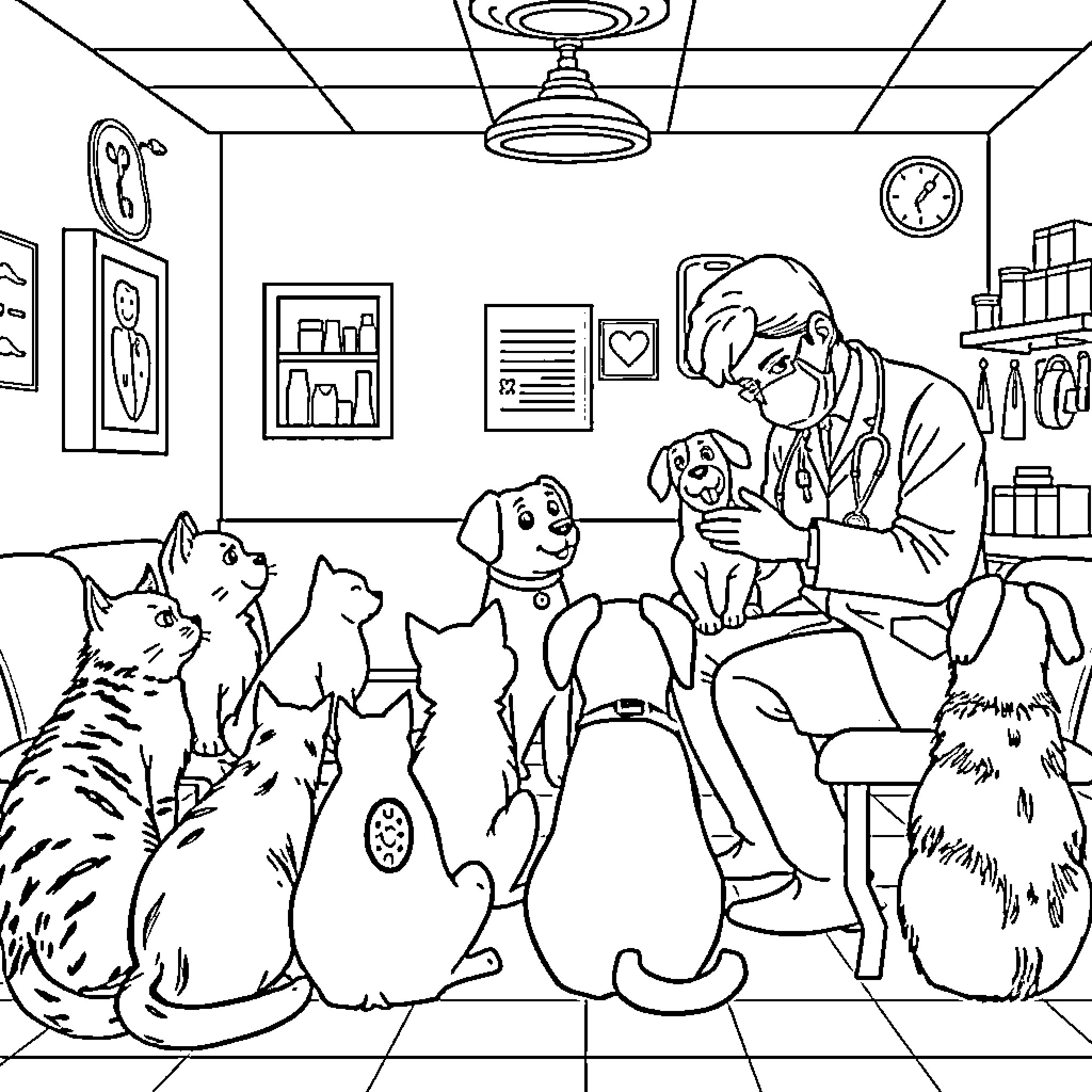Cat and Dog with Veterinarian in Examination Room Coloring Page (free black-and-white line drawing printable PDF for all, from beginners to advanced learners, including children, teens, adults, and seniors)
