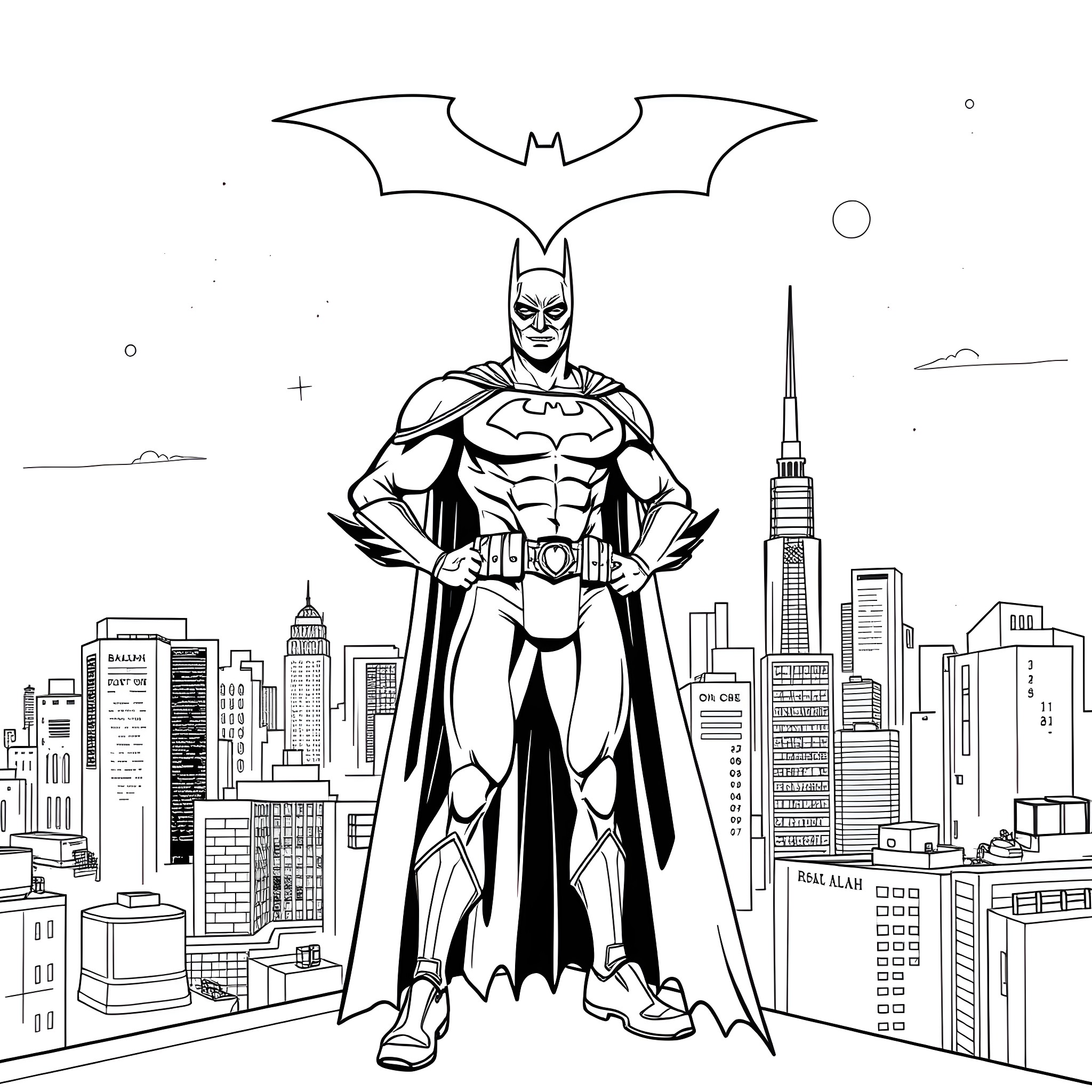 Mo Salah as Batman standing tall in the city Coloring Page (free black-and-white line drawing printable PDF for all, from beginners to advanced learners, including children, teens, adults, and seniors)