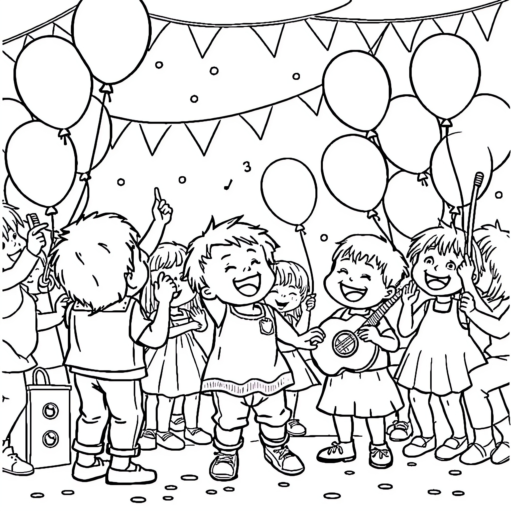 Toddlers celebrating a party with balloons Coloring Page (free black-and-white line drawing printable PDF for all, from beginners to advanced learners, including children, teens, adults, and seniors)