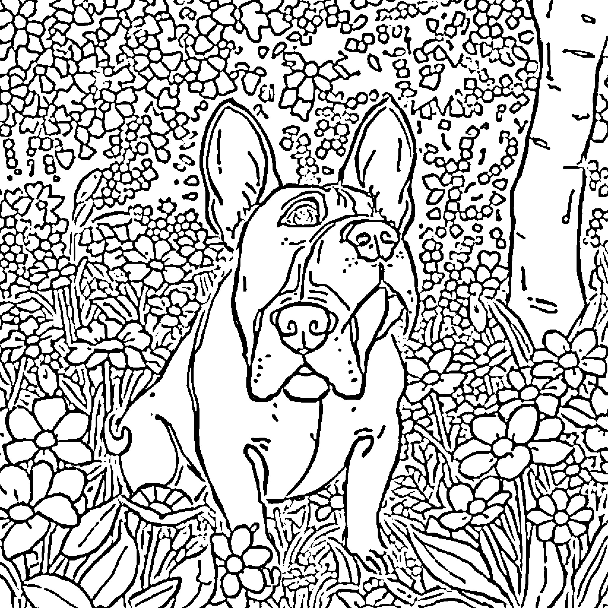 Bully dog intimidating in floral garden Coloring Page (free black-and-white line drawing printable PDF for all, from beginners to advanced learners, including children, teens, adults, and seniors)
