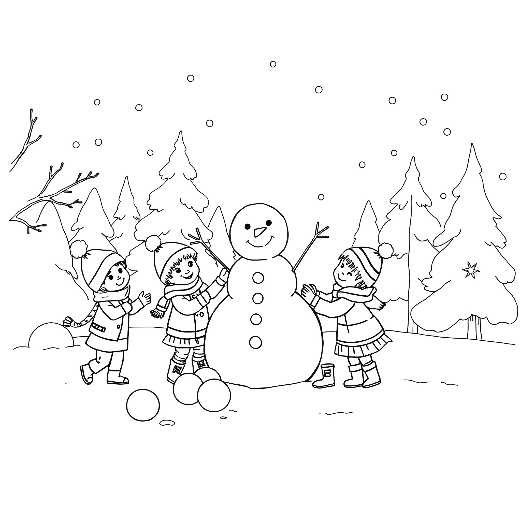 Snowman building and playing with children in winter wonderland Coloring Page (free black-and-white line drawing printable PDF for all, from beginners to advanced learners, including children, teens, adults, and seniors)