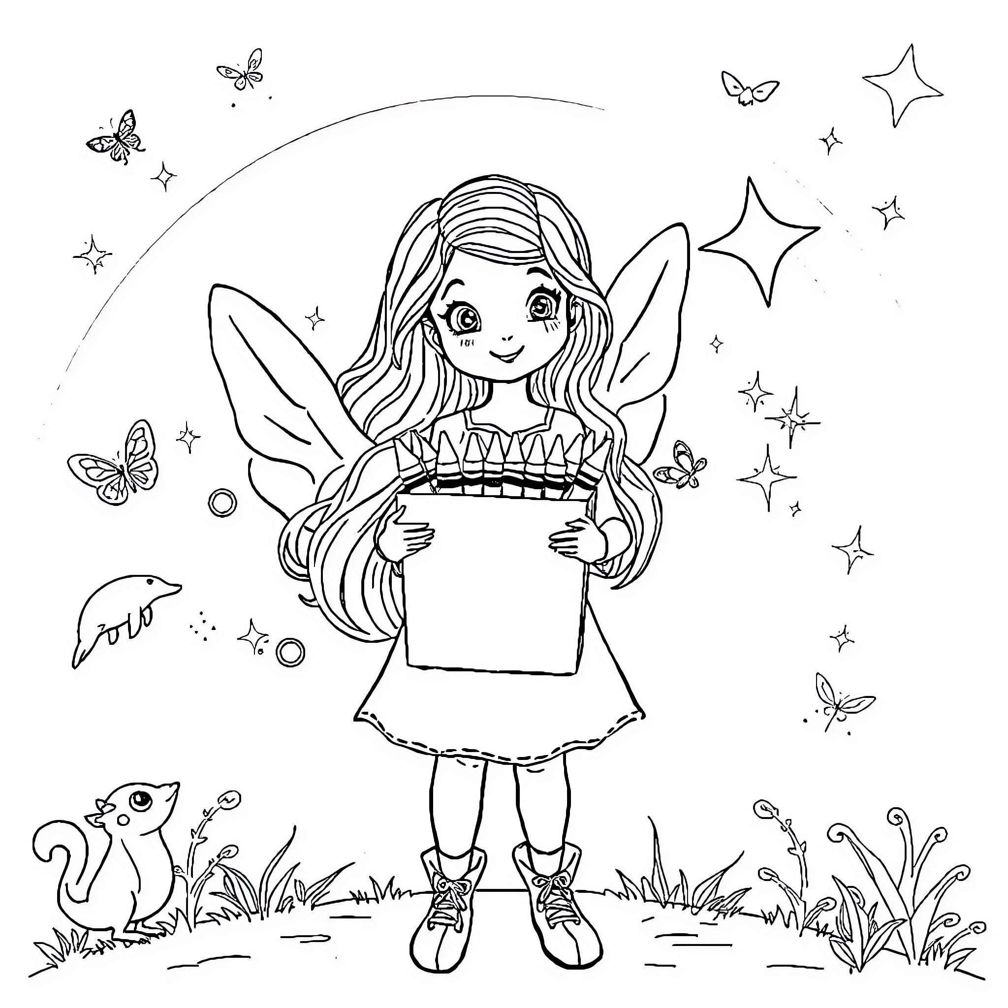 Lila's Enchanting Discovery Coloring Page (free black-and-white line drawing printable PDF for all, from beginners to advanced learners, including children, teens, adults, and seniors)