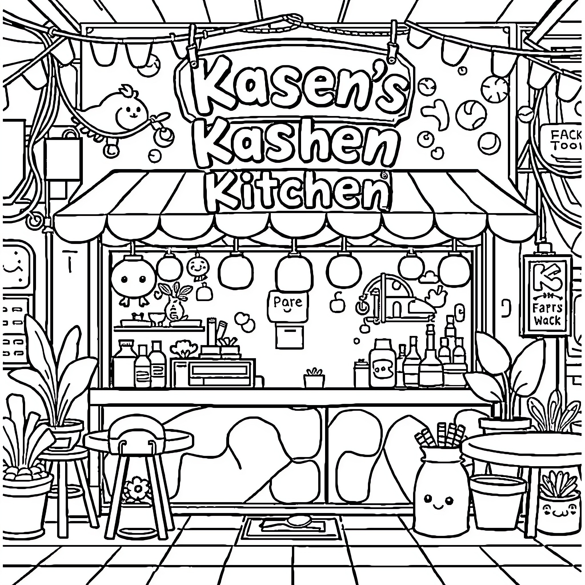 Restaurant with Lively Kitchen Scene Coloring Page (free black-and-white line drawing printable PDF for all, from beginners to advanced learners, including children, teens, adults, and seniors)