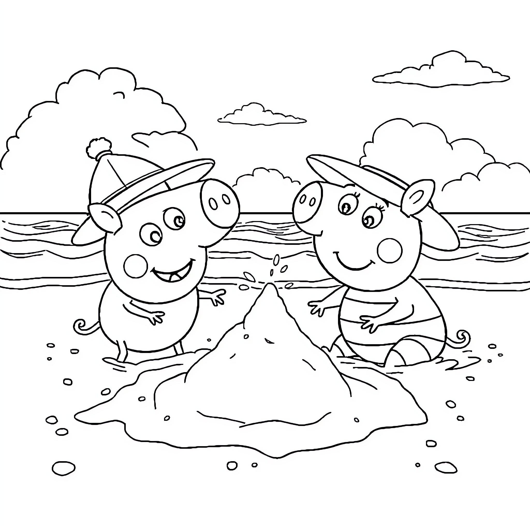 Pig friends playing happily on the beach Coloring Page (free black-and-white line drawing printable PDF for all, from beginners to advanced learners, including children, teens, adults, and seniors)