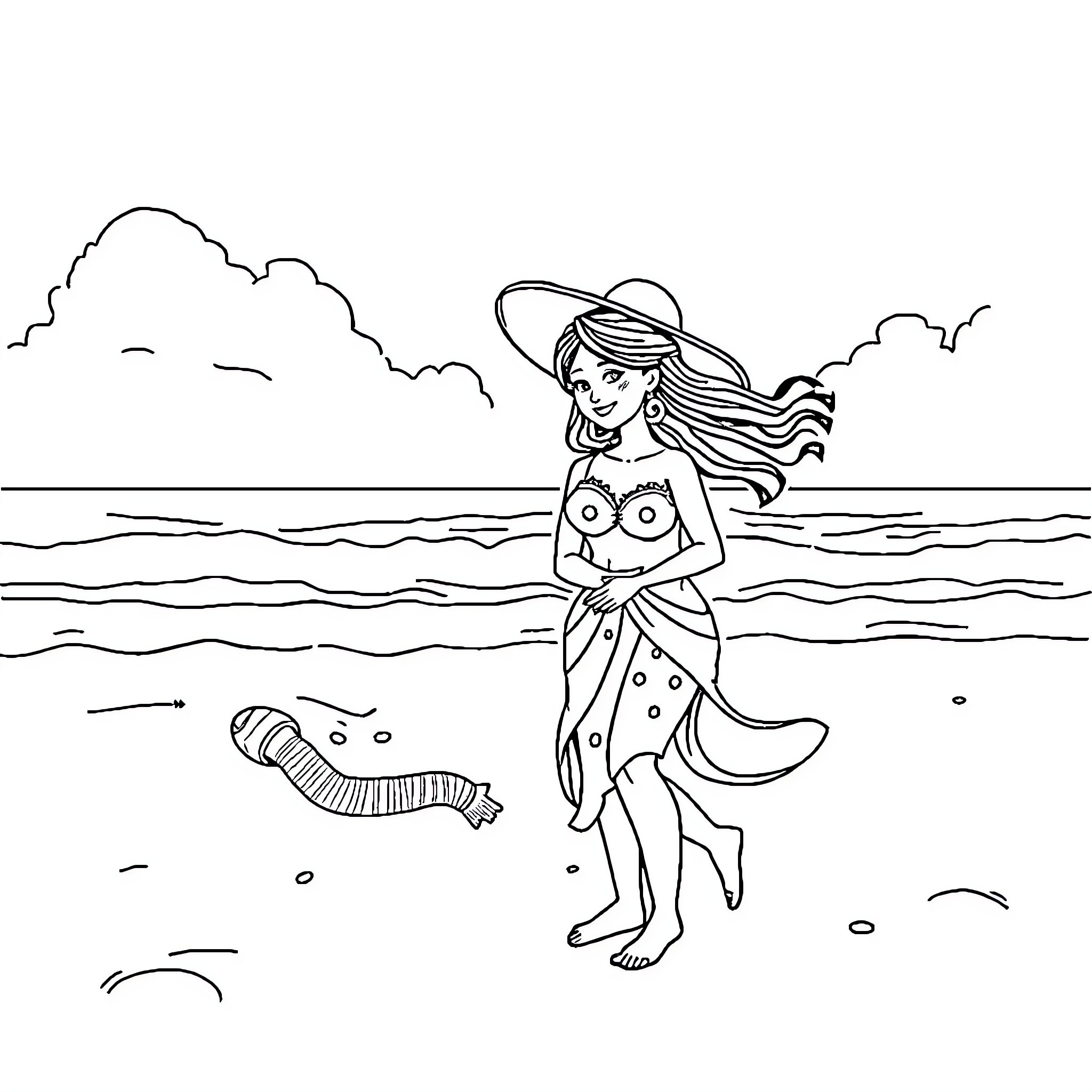 Beach girl enjoying the sun and waves Coloring Page (free black-and-white line drawing printable PDF for all, from beginners to advanced learners, including children, teens, adults, and seniors)