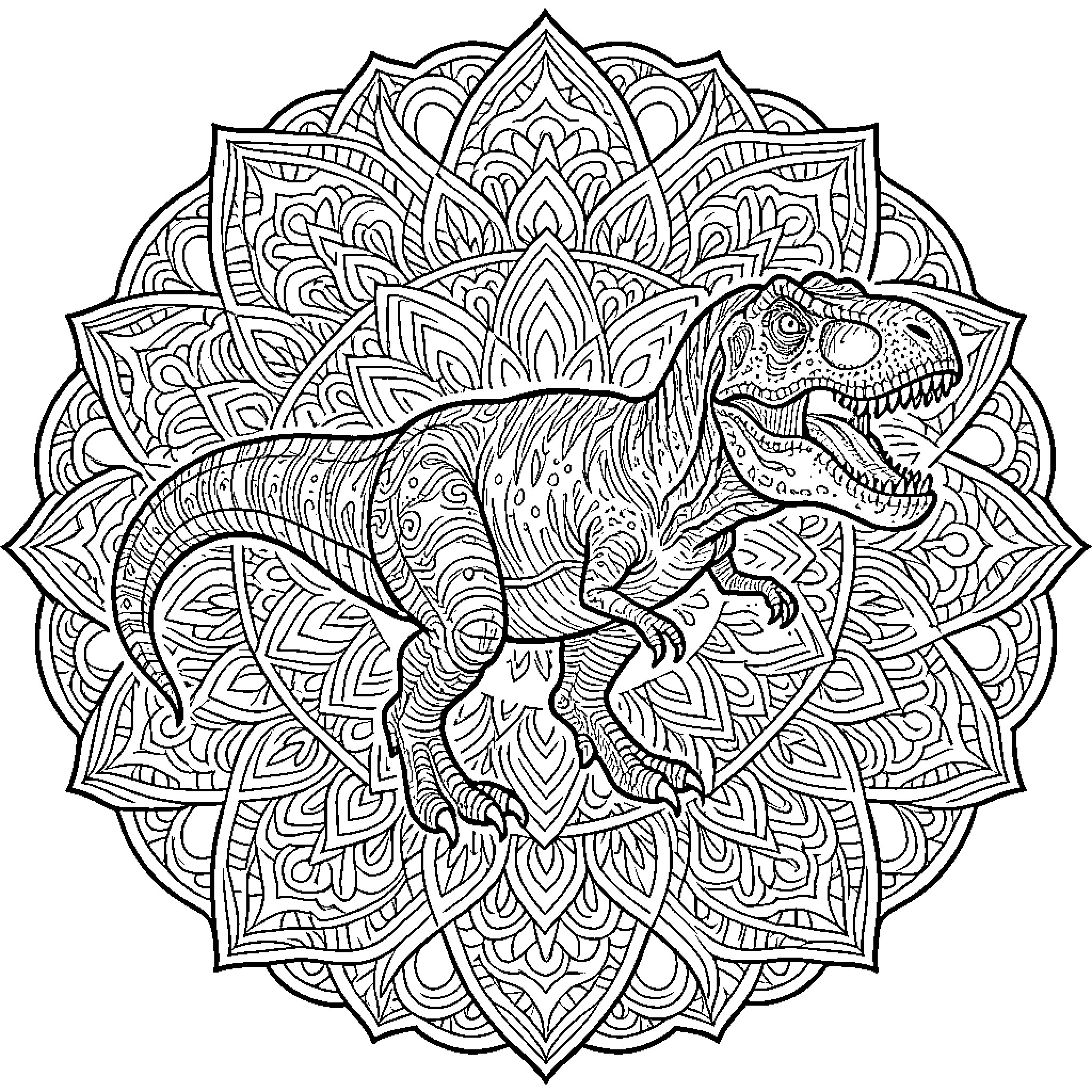 T-Rex roaring inside an intricate mandala pattern Coloring Page (free black-and-white line drawing printable PDF for all, from beginners to advanced learners, including children, teens, adults, and seniors)