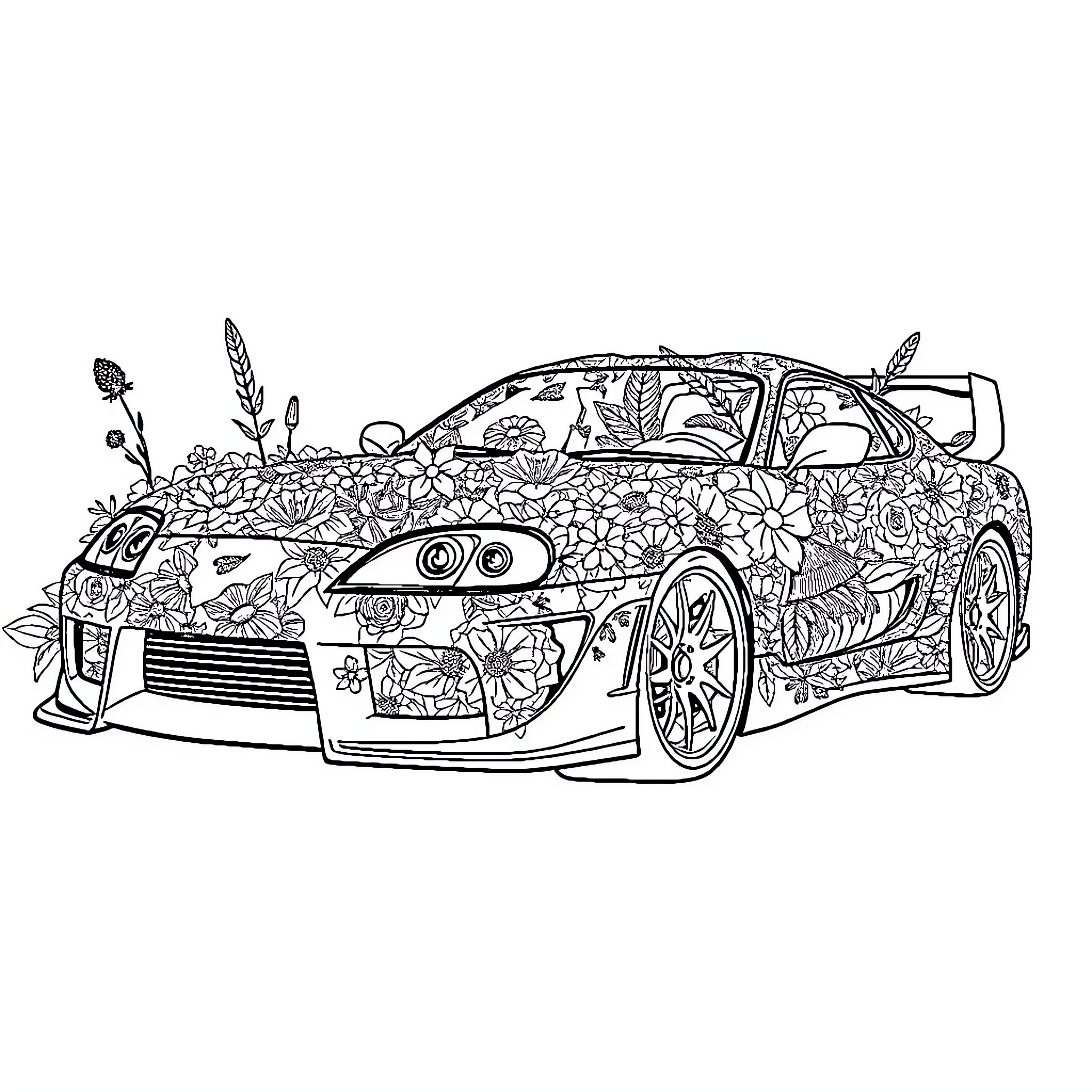 Supra Blooming with Botanical Splendor Coloring Page (free black-and-white line drawing printable PDF for all, from beginners to advanced learners, including children, teens, adults, and seniors)