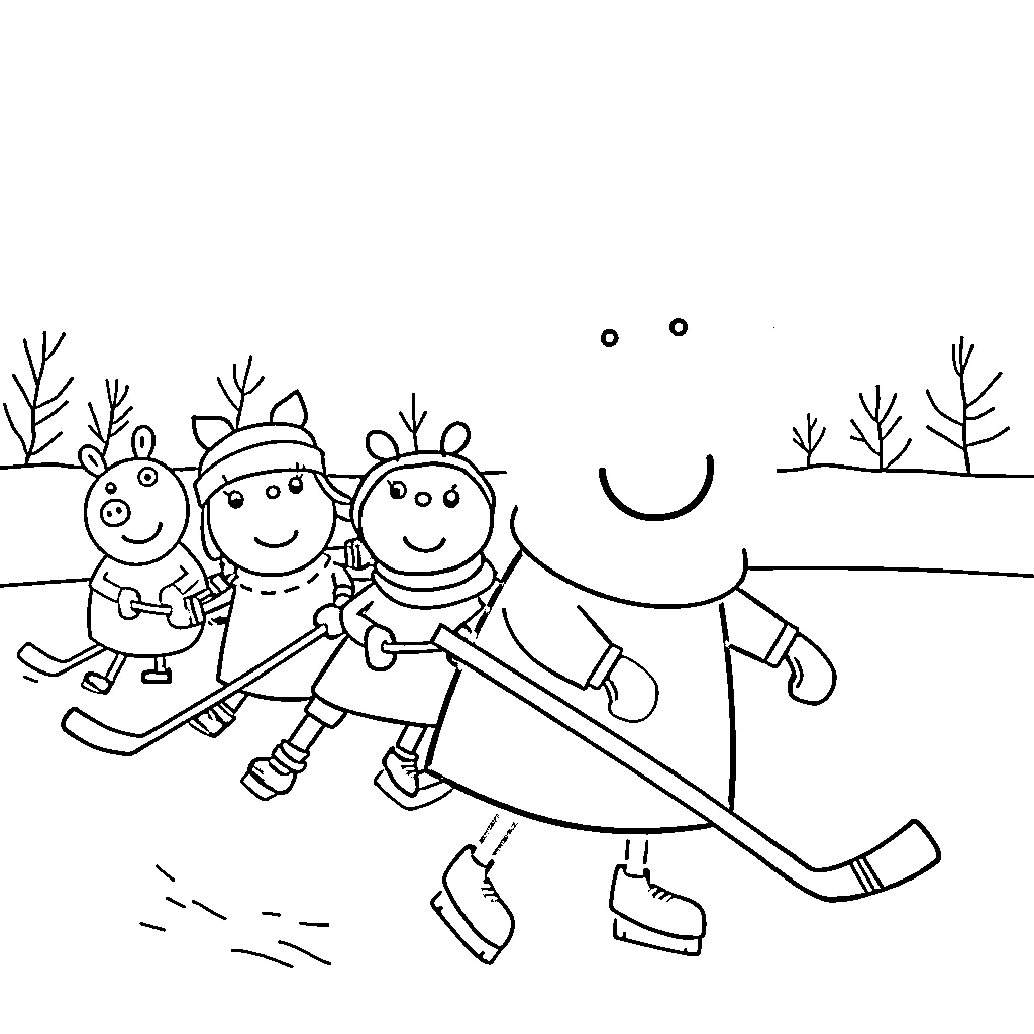 Peppa Pig family ice skating together Coloring Page (free black-and-white line drawing printable PDF for all, from beginners to advanced learners, including children, teens, adults, and seniors)