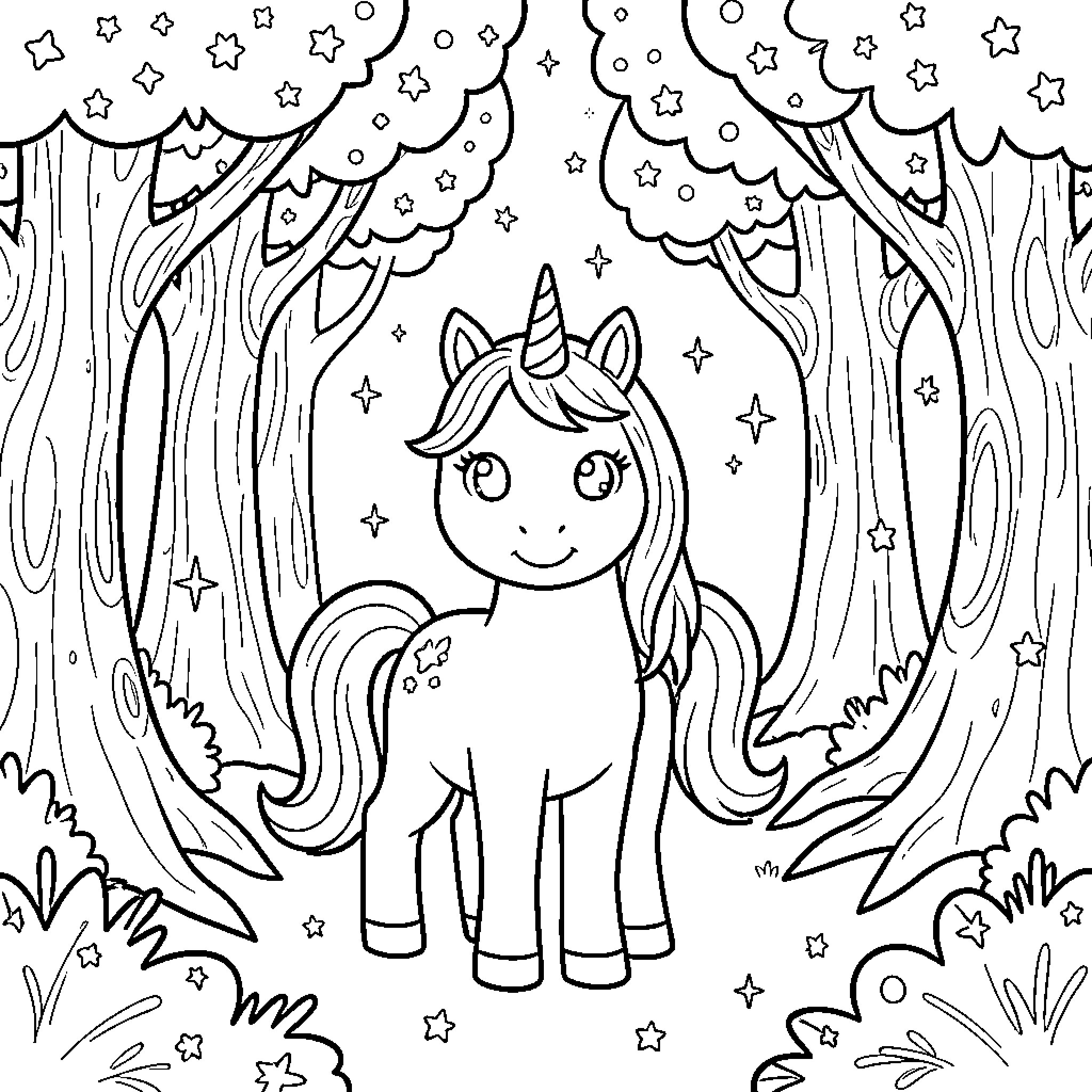 Unicorn wandering through the starry forest Coloring Page (free black-and-white line drawing printable PDF for all, from beginners to advanced learners, including children, teens, adults, and seniors)