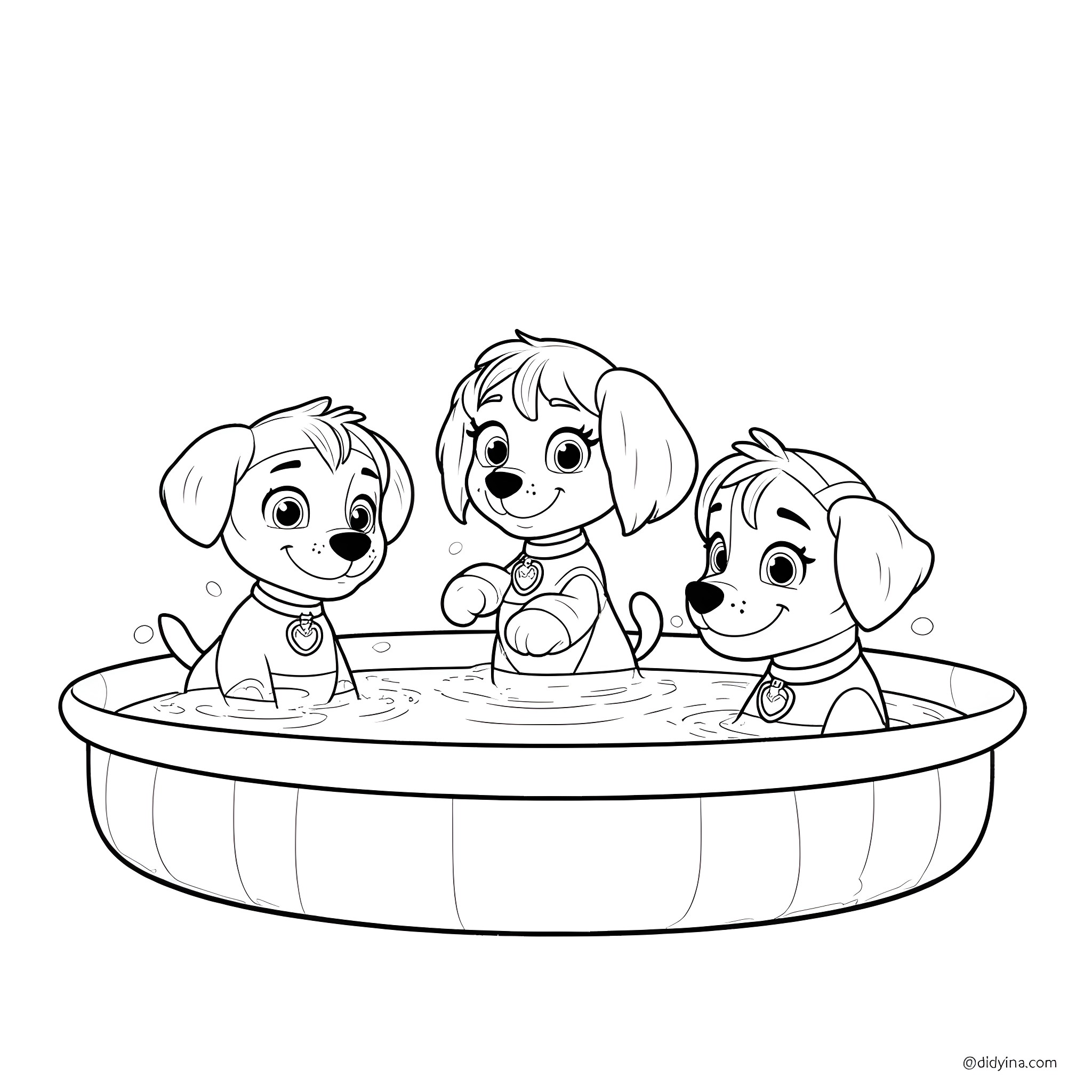 Dog friends playing happily in pool Coloring Page (free black-and-white line drawing printable PDF for all, from beginners to advanced learners, including children, teens, adults, and seniors)