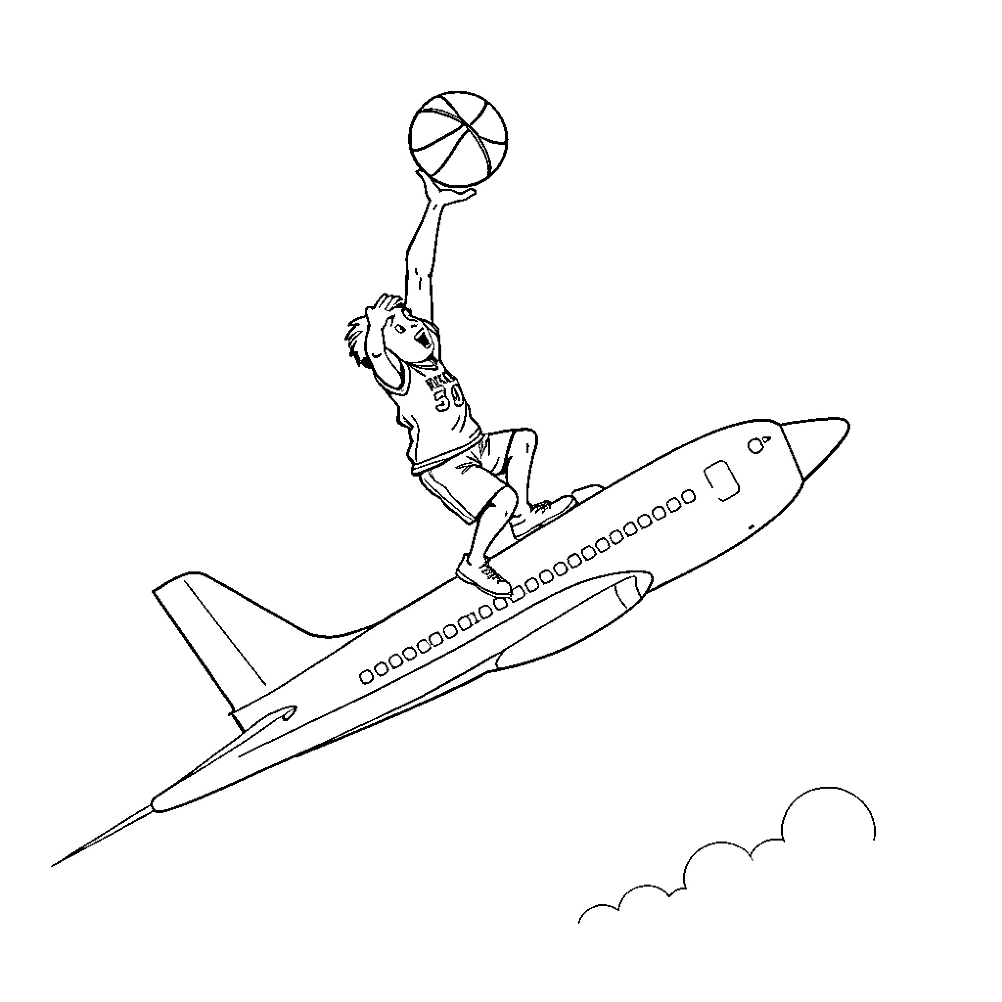 Pizza delivery person playing basketball on a rocket Coloring Page (free black-and-white line drawing printable PDF for all, from beginners to advanced learners, including children, teens, adults, and seniors)