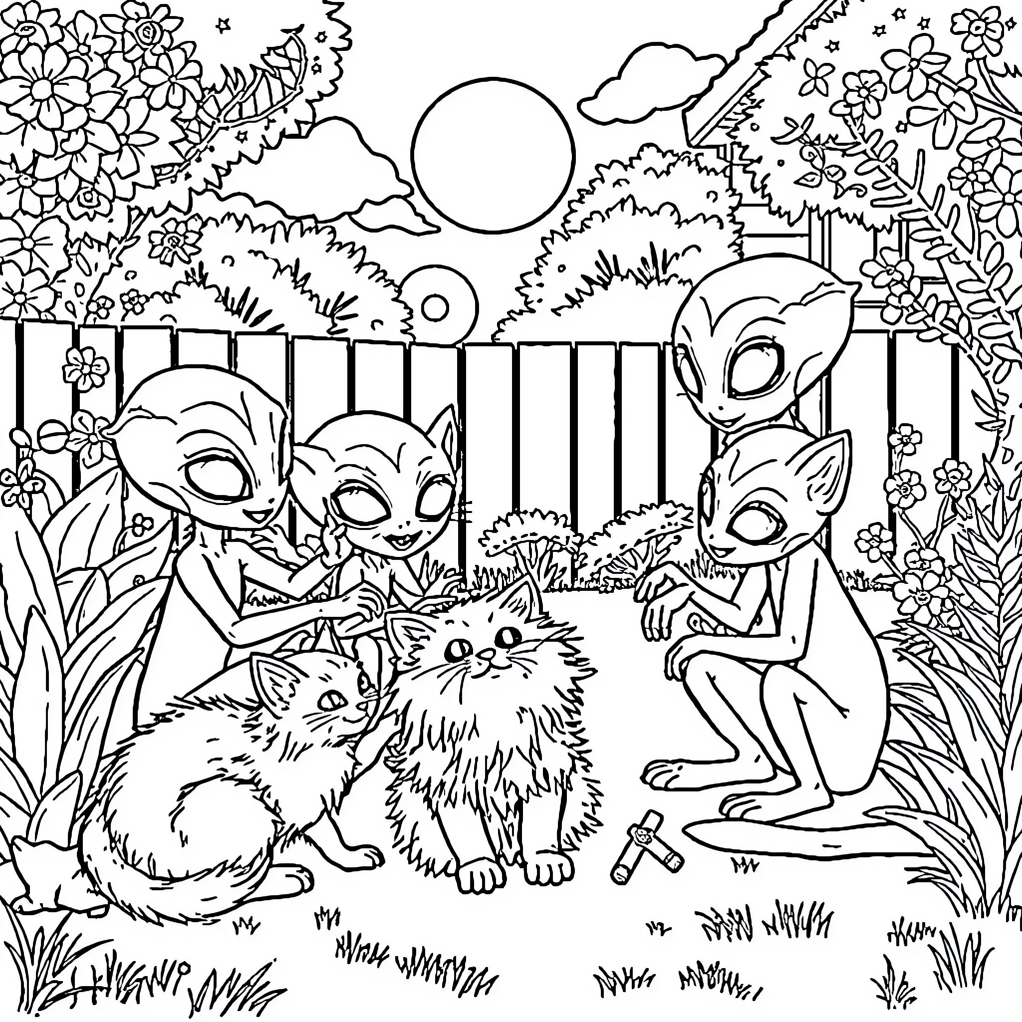 Alien Creatures Interacting with Furry Pets in Fantastical Landscape Coloring Page (free black-and-white line drawing printable PDF for all, from beginners to advanced learners, including children, teens, adults, and seniors)