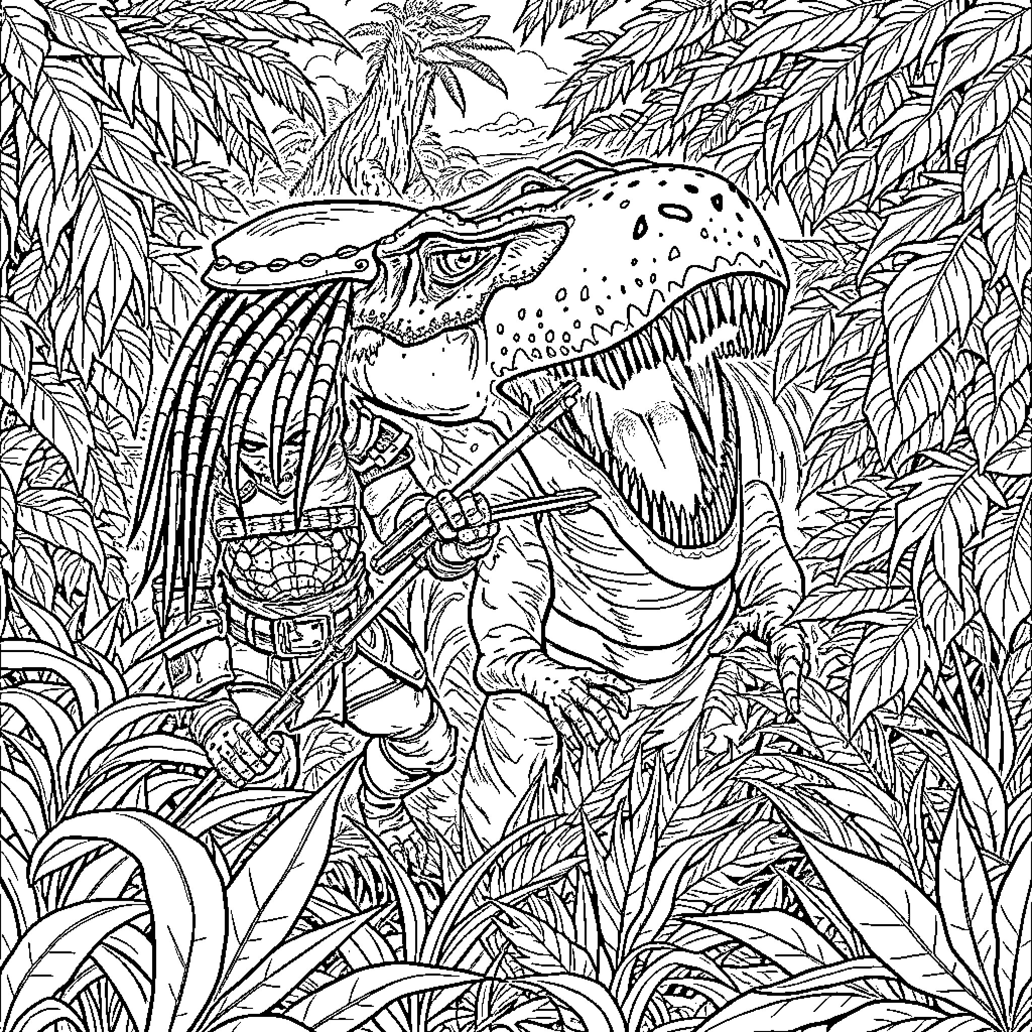 Predator Dinosaur Lurking in Lush Jungle Foliage Coloring Page (free black-and-white line drawing printable PDF for all, from beginners to advanced learners, including children, teens, adults, and seniors)