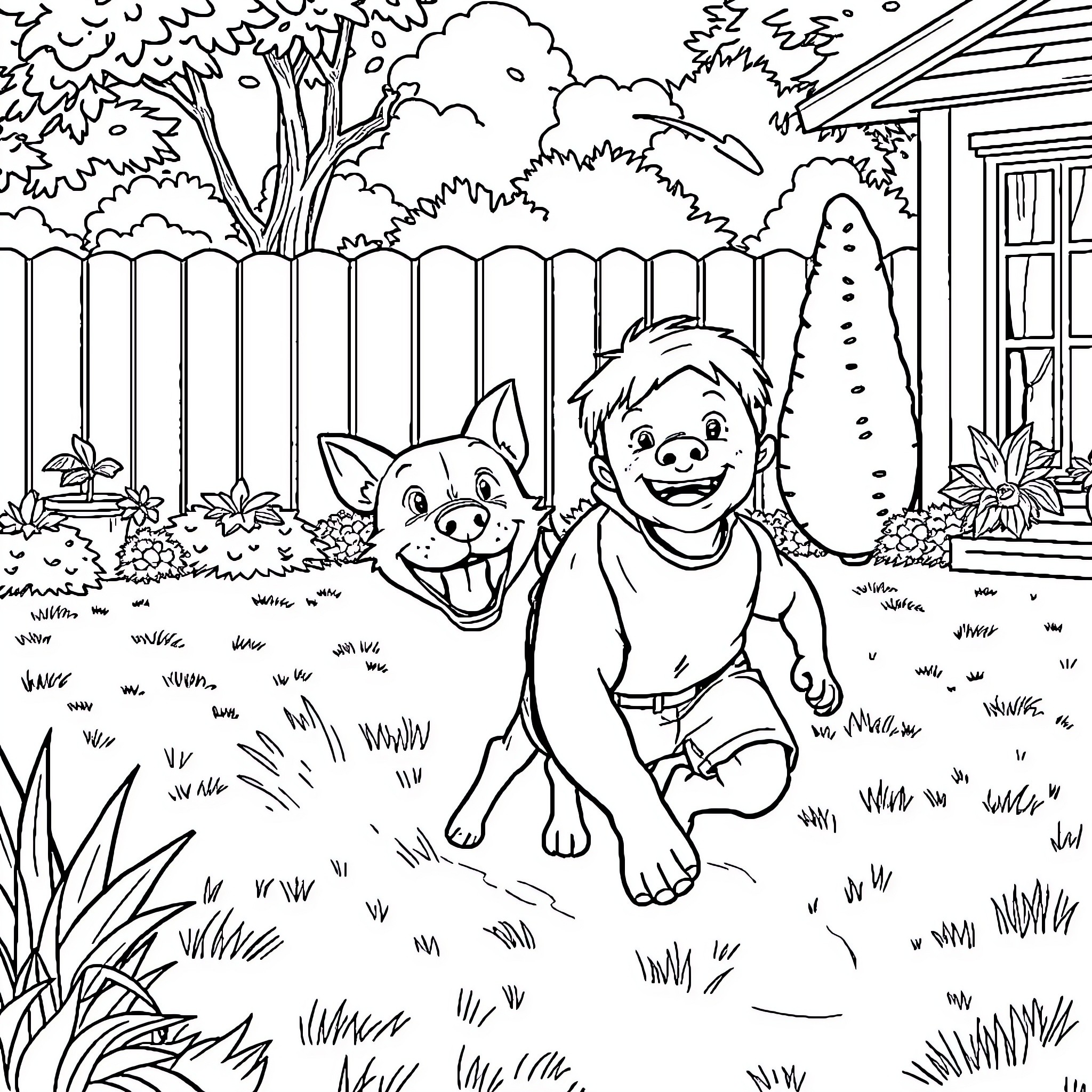 Pitbull playing joyfully with puppy in a lush backyard Coloring Page (free black-and-white line drawing printable PDF for all, from beginners to advanced learners, including children, teens, adults, and seniors)