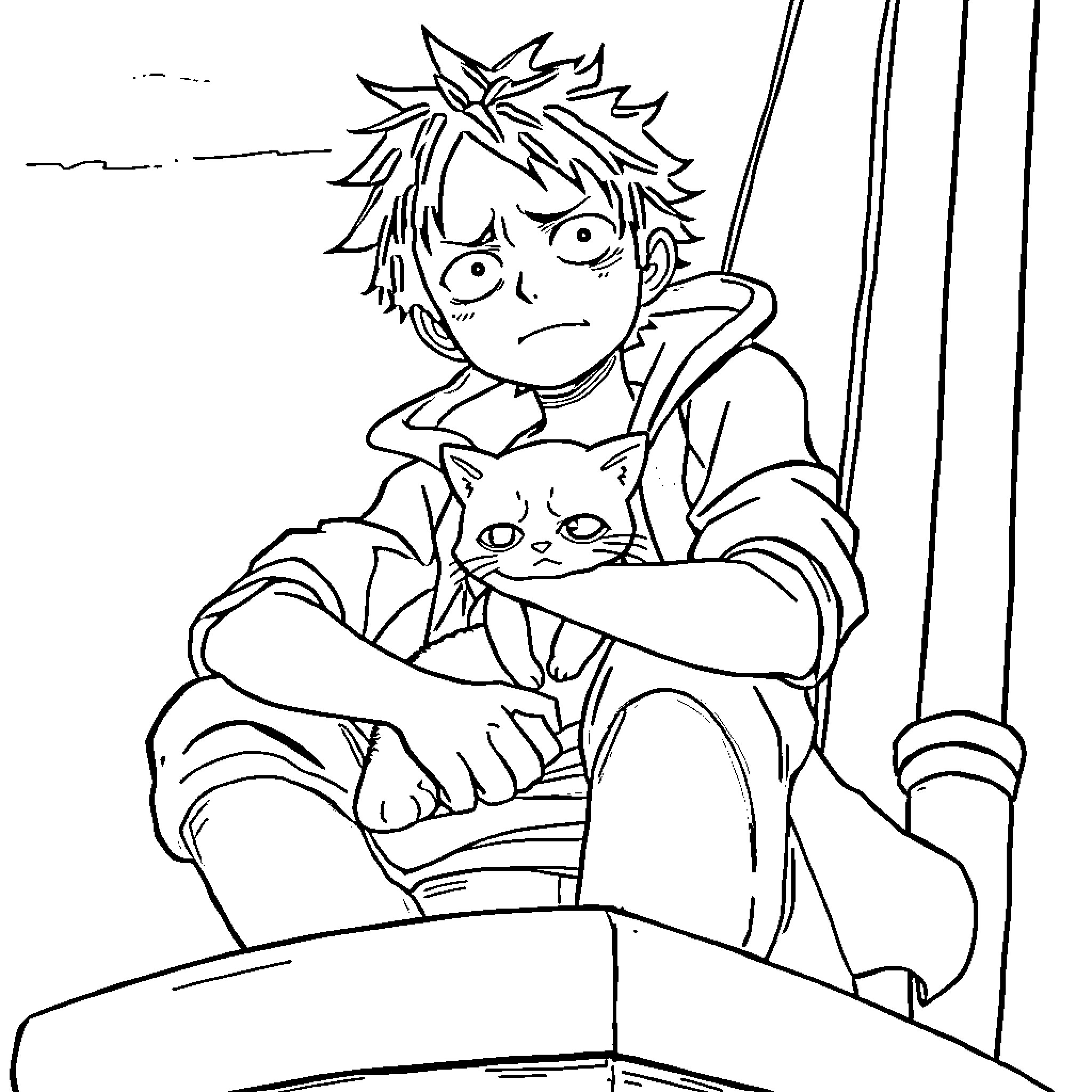 Monkey D Luffy resting with his cat companion Coloring Page (free black-and-white line drawing printable PDF for all, from beginners to advanced learners, including children, teens, adults, and seniors)