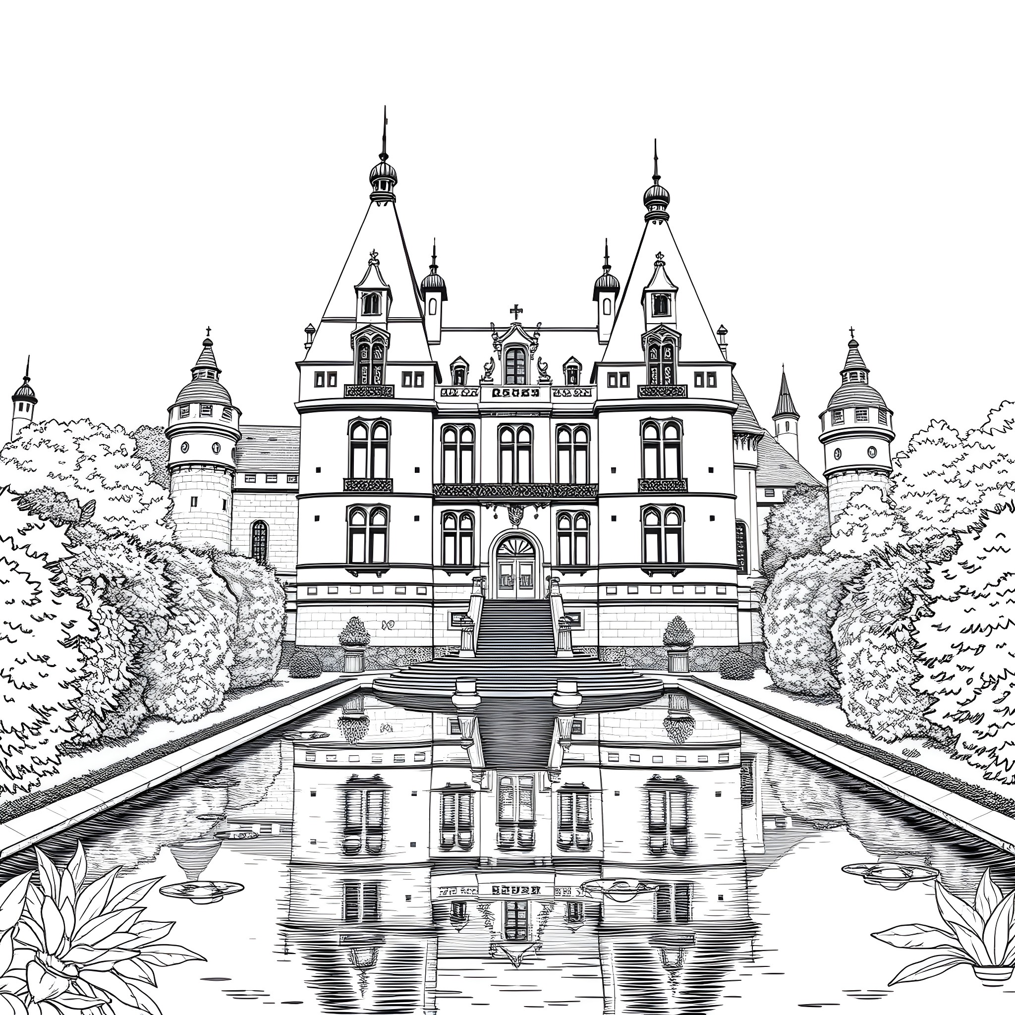 Château with Elegant Architecture and Reflection in the Lake Coloring Page (free black-and-white line drawing printable PDF for all, from beginners to advanced learners, including children, teens, adults, and seniors)