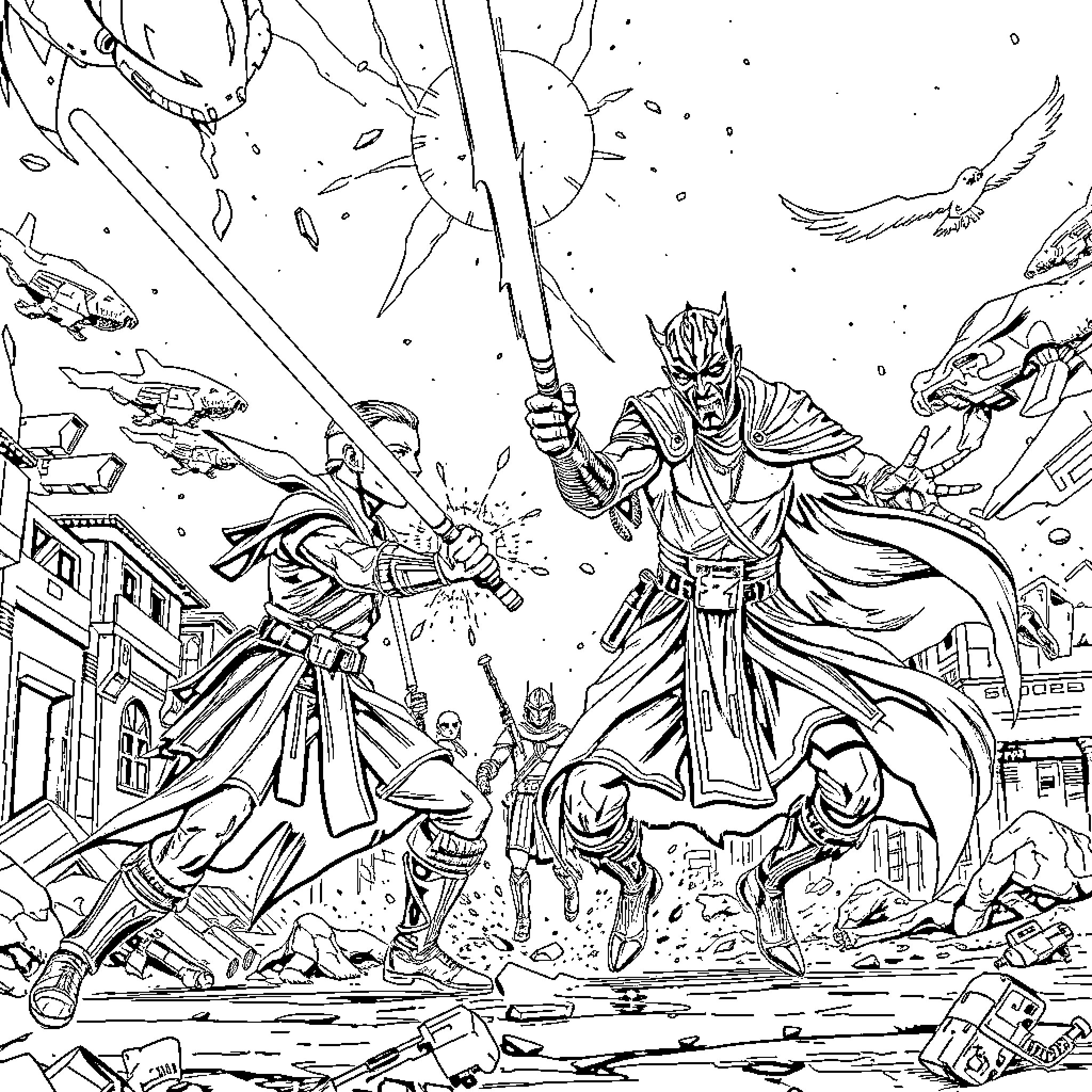 Ashoka Tano's Heroic Exploits in Battle Coloring Page (free black-and-white line drawing printable PDF for all, from beginners to advanced learners, including children, teens, adults, and seniors)