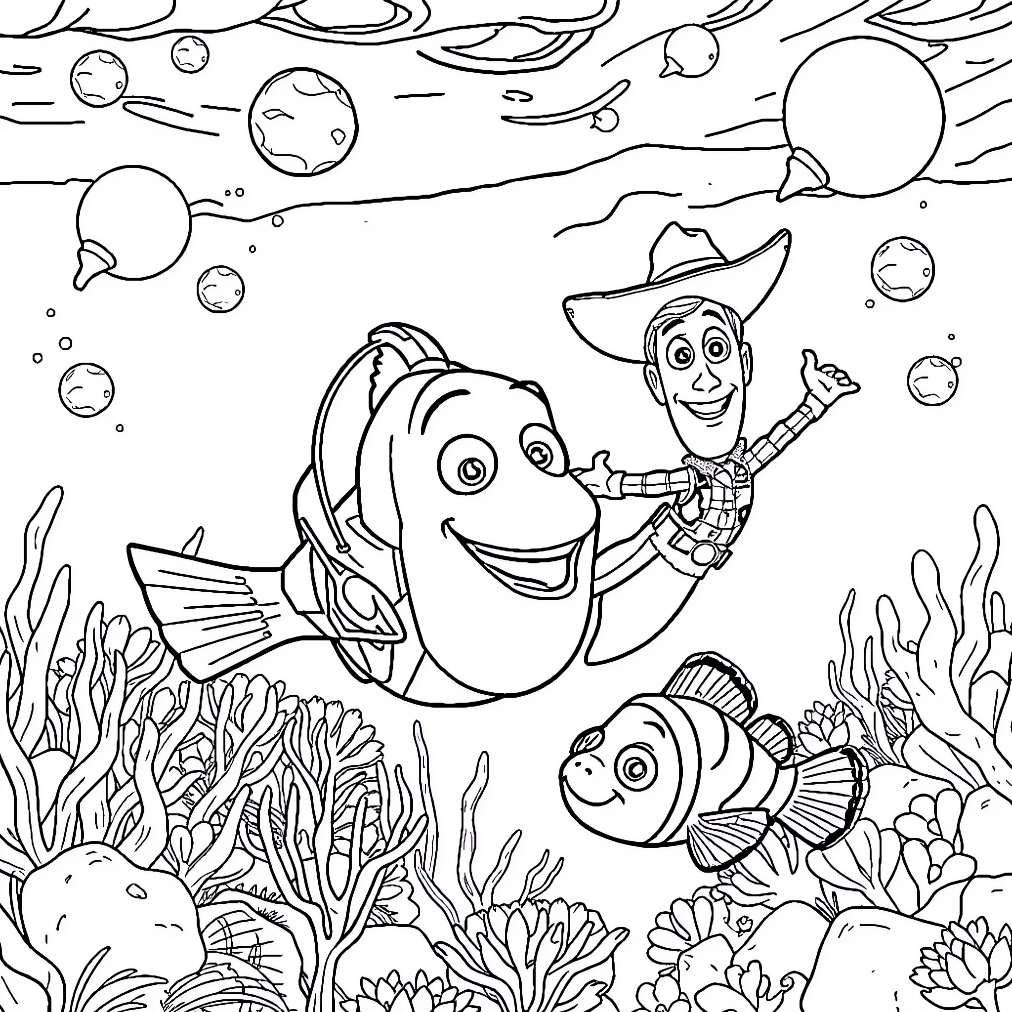 Buzz and Woody's Underwater Adventure Coloring Page (free black-and-white line drawing printable PDF for all, from beginners to advanced learners, including children, teens, adults, and seniors)