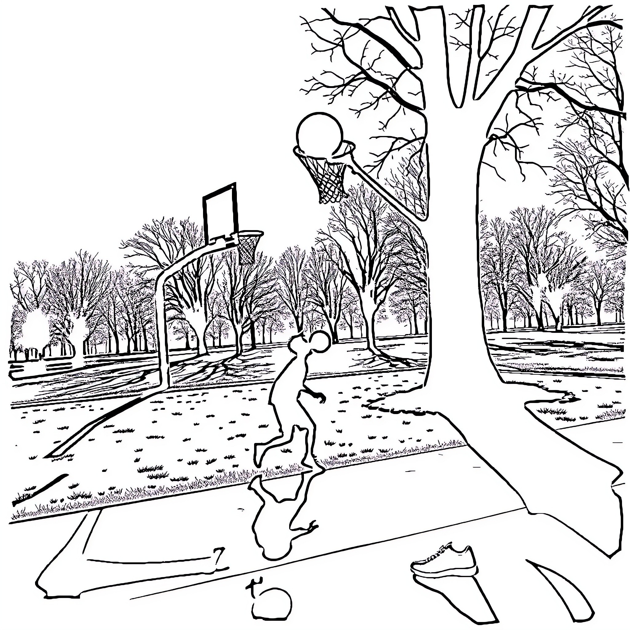 Shadow of a basketball player dunking on a hoop Coloring Page (free black-and-white line drawing printable PDF for all, from beginners to advanced learners, including children, teens, adults, and seniors)