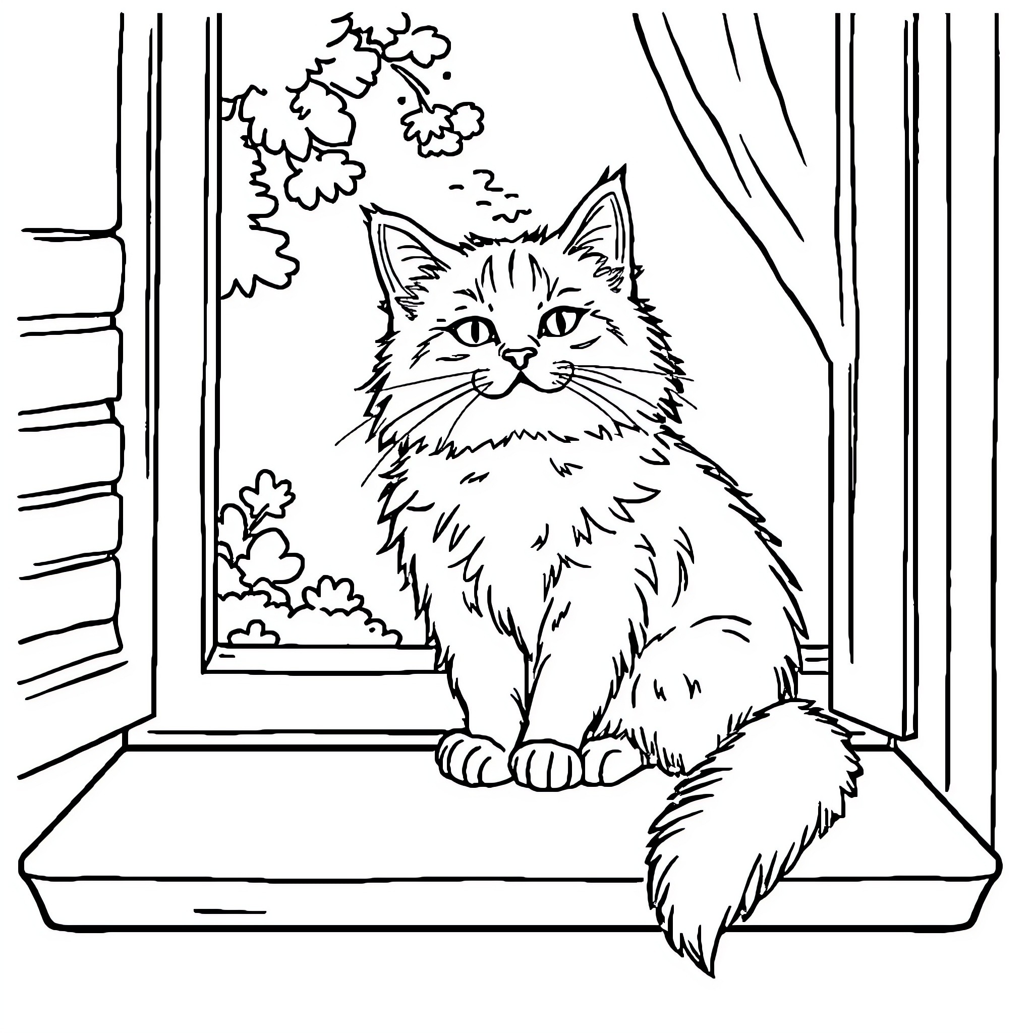 Cat gazing out the window Coloring Page (free black-and-white line drawing printable PDF for all, from beginners to advanced learners, including children, teens, adults, and seniors)