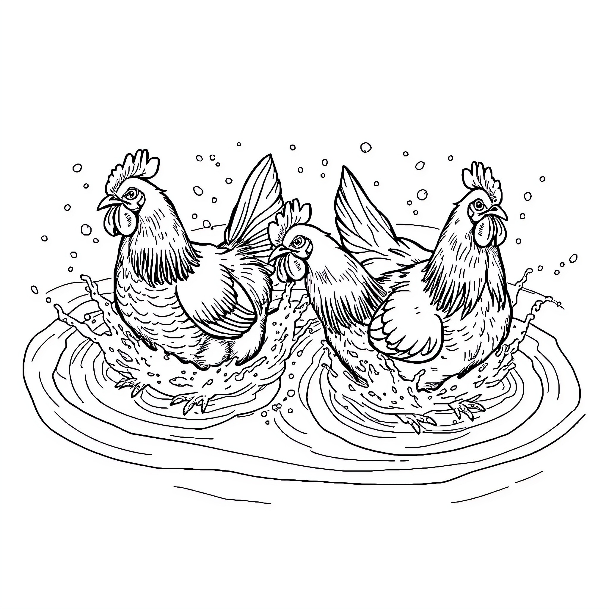 Chicken Farm Scene with Playful Roosters Coloring Page (free black-and-white line drawing printable PDF for all, from beginners to advanced learners, including children, teens, adults, and seniors)
