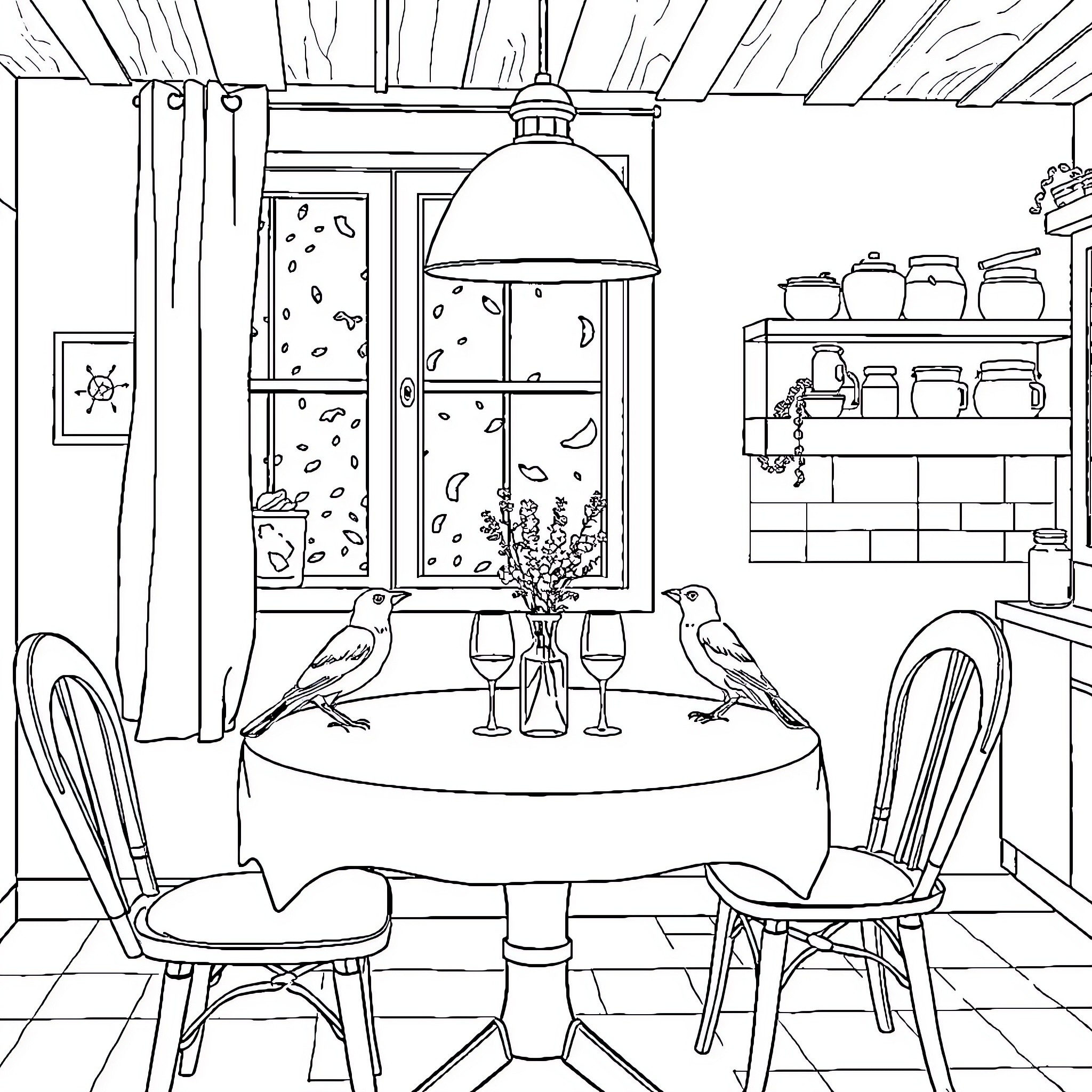 Chat over a cozy evening meal Coloring Page (free black-and-white line drawing printable PDF for all, from beginners to advanced learners, including children, teens, adults, and seniors)