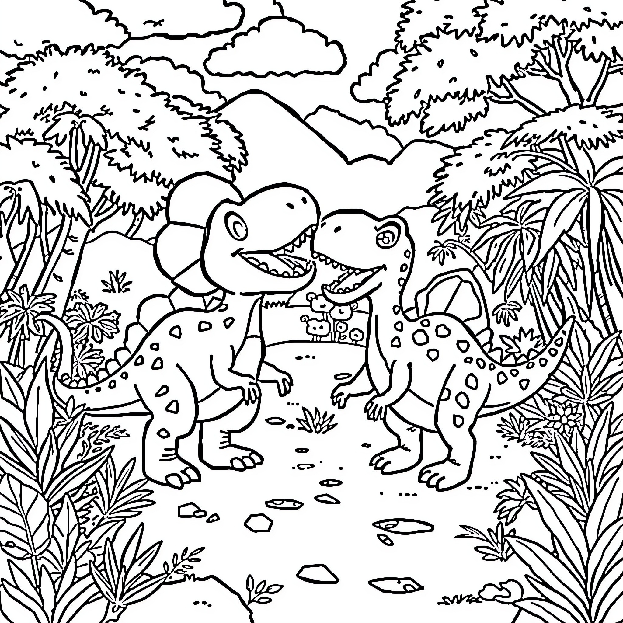 Bluey's Dinosaur Adventure in the Jungle Coloring Page (free black-and-white line drawing printable PDF for all, from beginners to advanced learners, including children, teens, adults, and seniors)