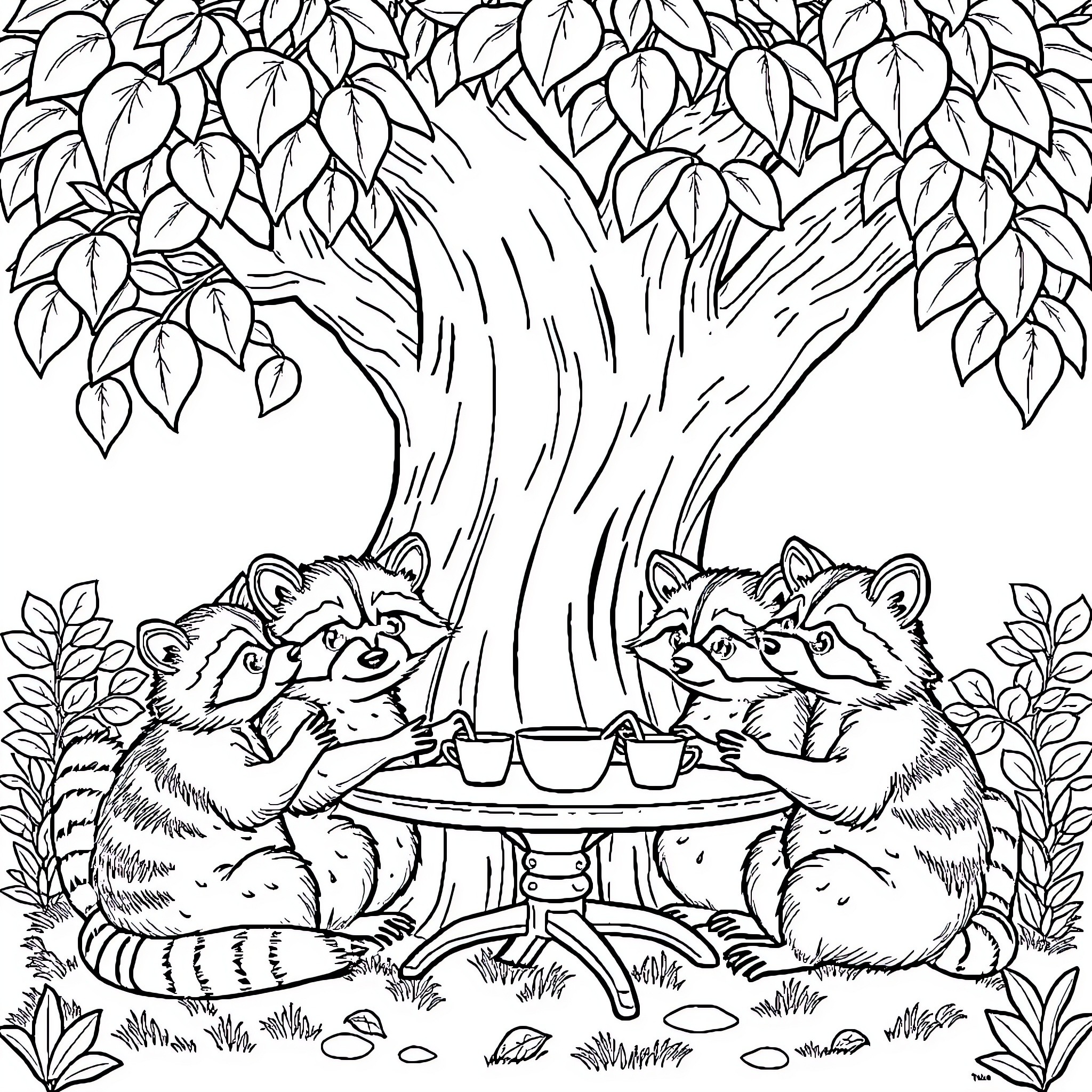 Raccoon sharing a meal under a tree Coloring Page (free black-and-white line drawing printable PDF for all, from beginners to advanced learners, including children, teens, adults, and seniors)