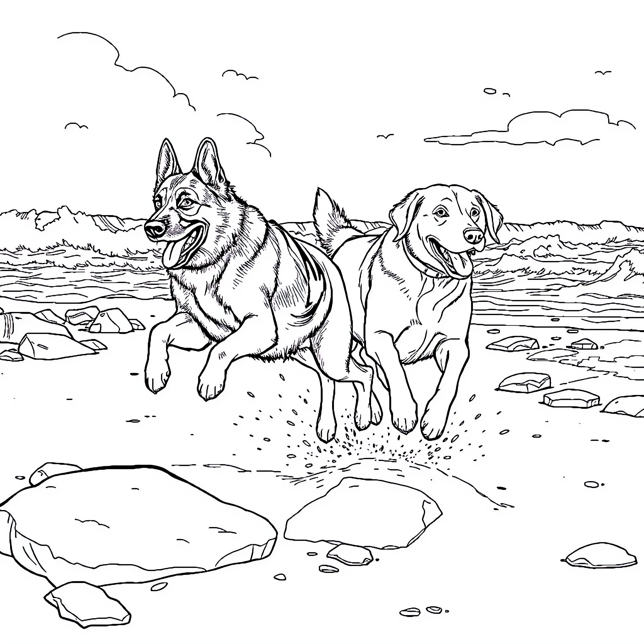 Dogs playing joyfully on the beach Coloring Page (free black-and-white line drawing printable PDF for all, from beginners to advanced learners, including children, teens, adults, and seniors)
