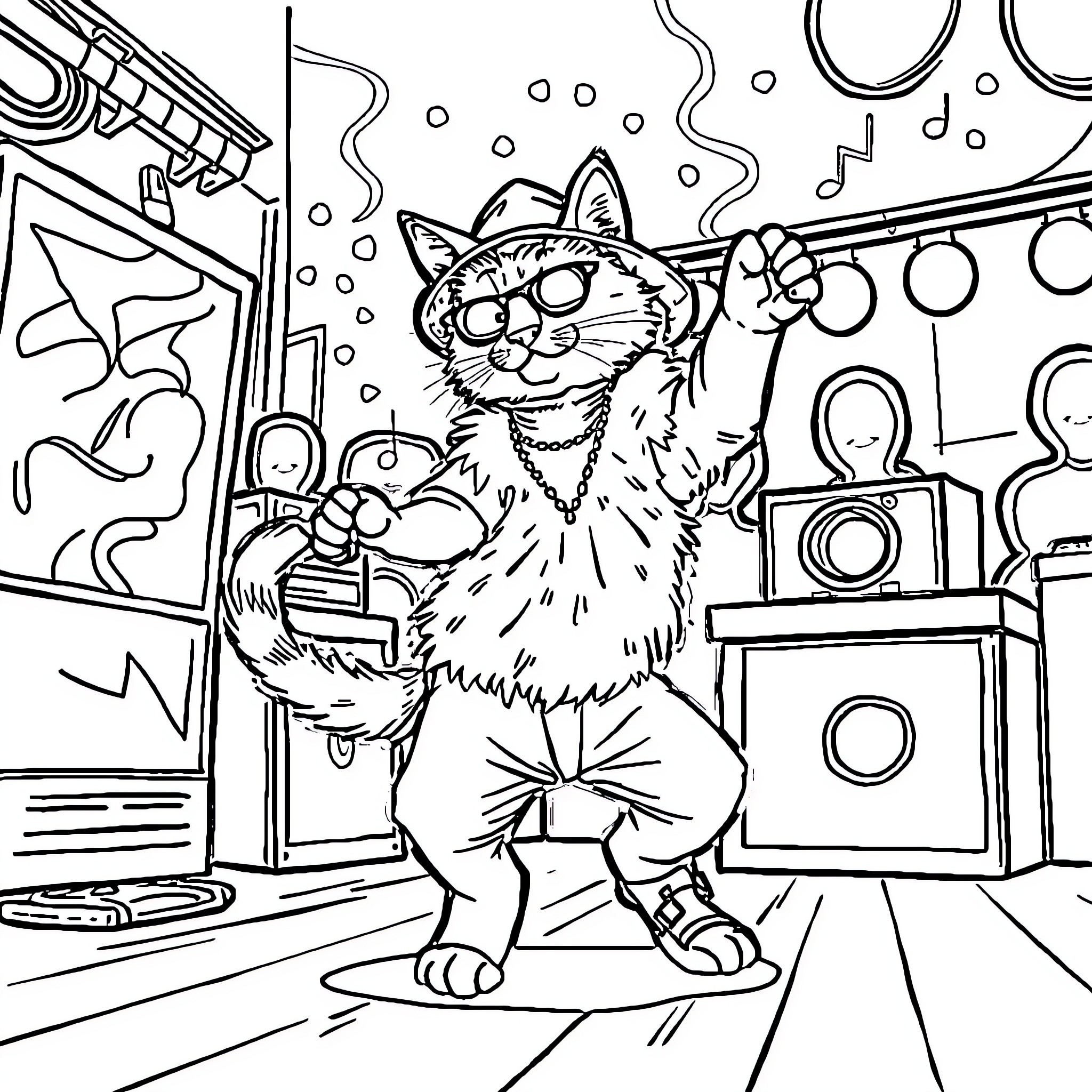 Cat Rocking Out in Music Studio Coloring Page (free black-and-white line drawing printable PDF for all, from beginners to advanced learners, including children, teens, adults, and seniors)