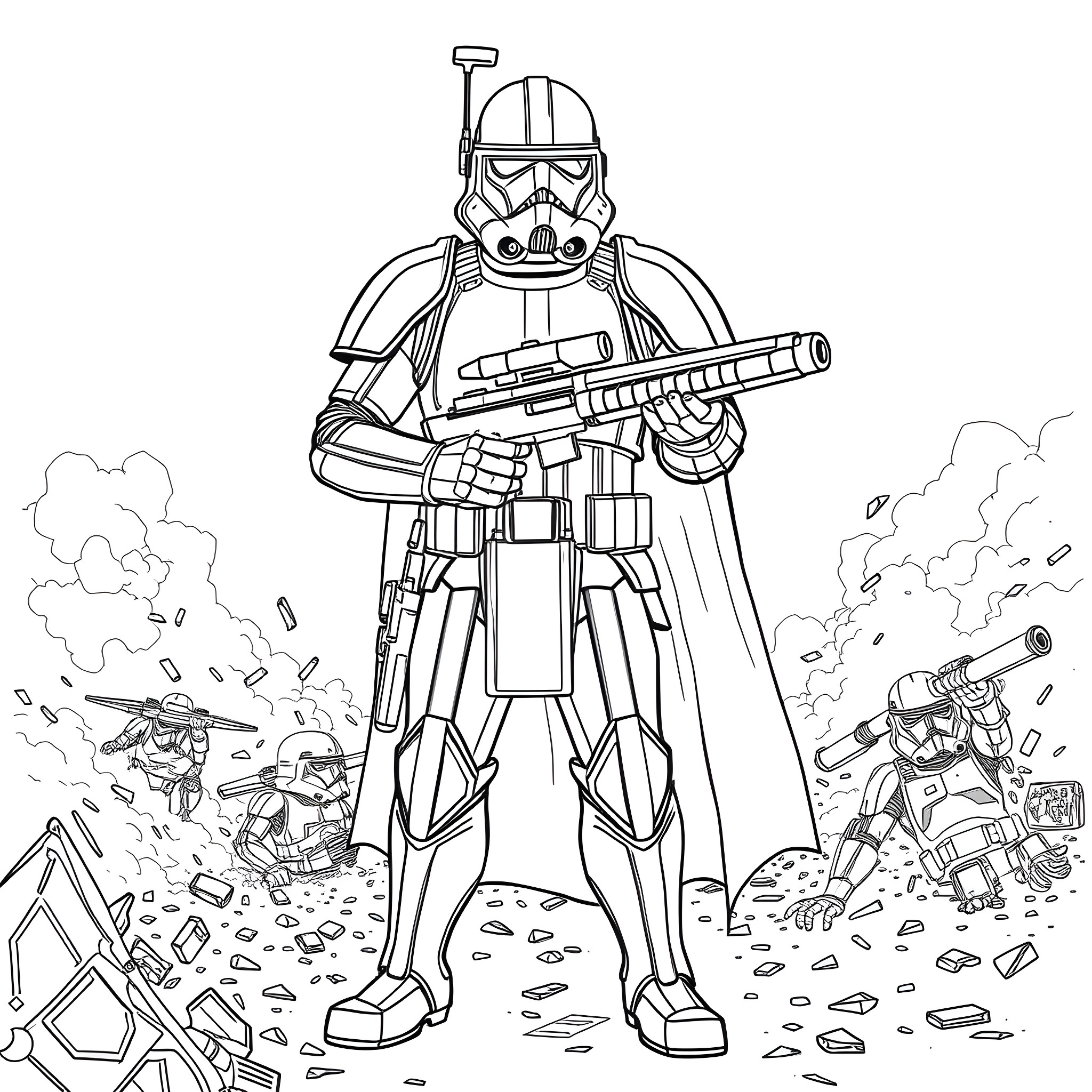 Imperial Guardsman Leading Troopers in Battle Coloring Page (free black-and-white line drawing printable PDF for all, from beginners to advanced learners, including children, teens, adults, and seniors)