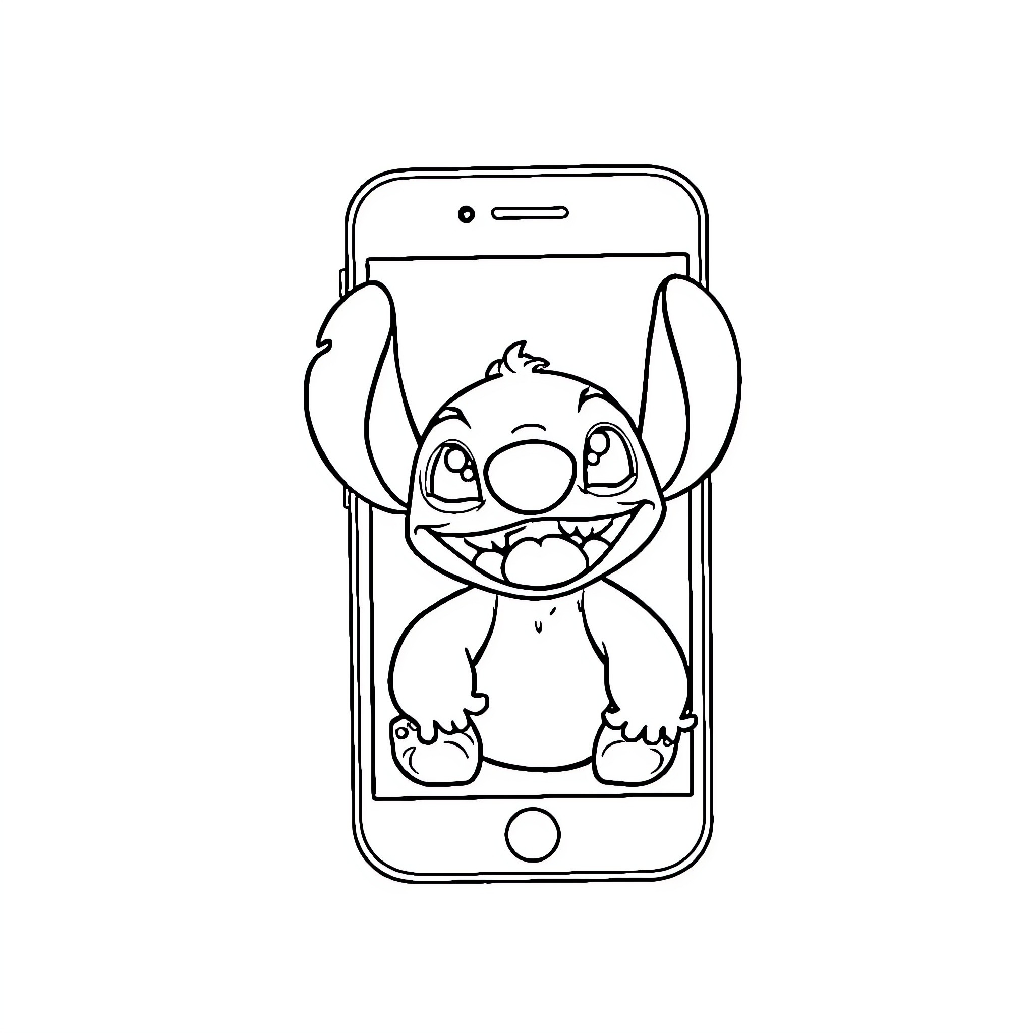 Stitch peering through a smartphone screen Coloring Page (free black-and-white line drawing printable PDF for all, from beginners to advanced learners, including children, teens, adults, and seniors)