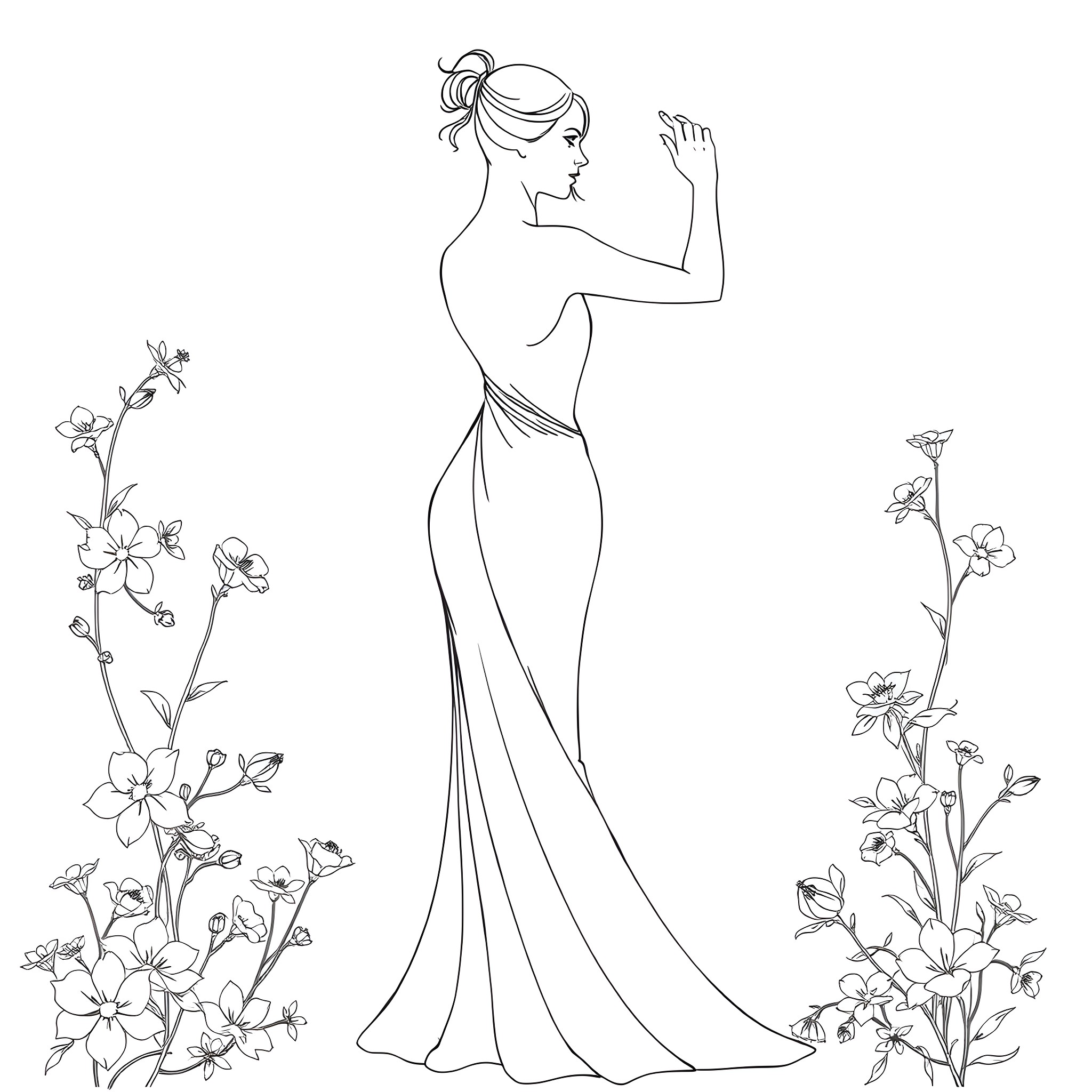 Woman in Flowing Dress with Floral Backdrop Coloring Page (free black-and-white line drawing printable PDF for all, from beginners to advanced learners, including children, teens, adults, and seniors)