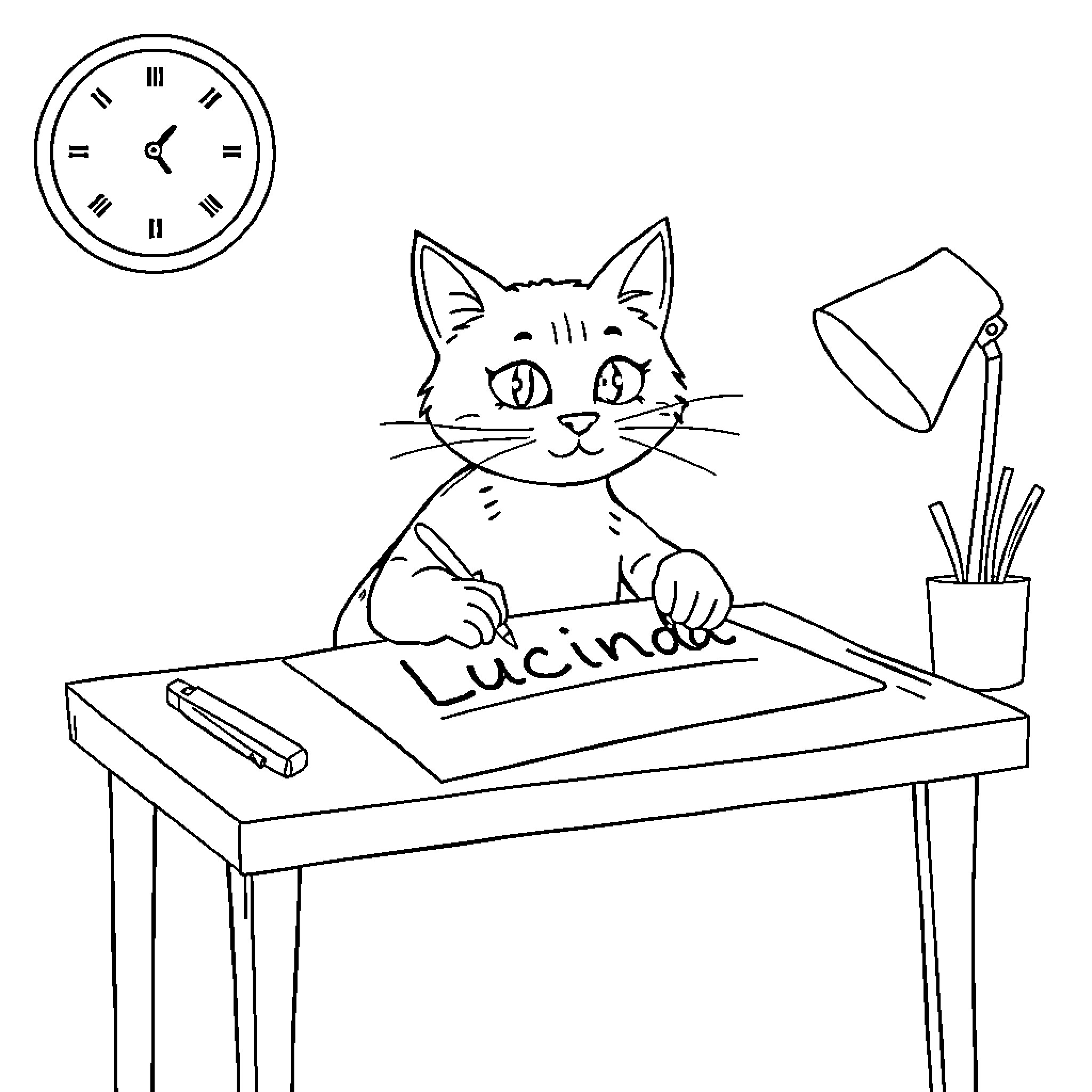 Cat writing at desk with clock Coloring Page (free black-and-white line drawing printable PDF for all, from beginners to advanced learners, including children, teens, adults, and seniors)