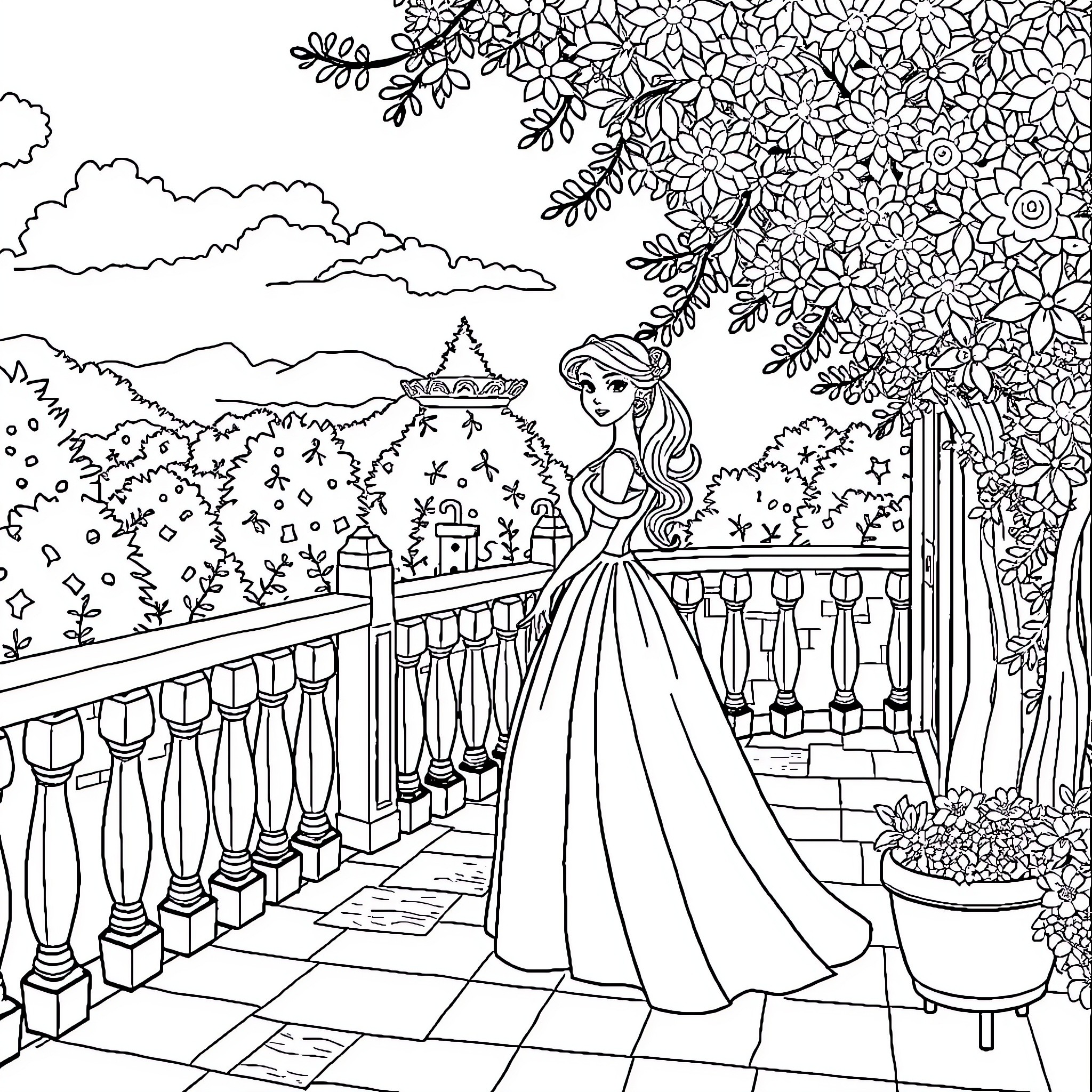 Princess admiring the enchanting garden scenery Coloring Page (free black-and-white line drawing printable PDF for all, from beginners to advanced learners, including children, teens, adults, and seniors)