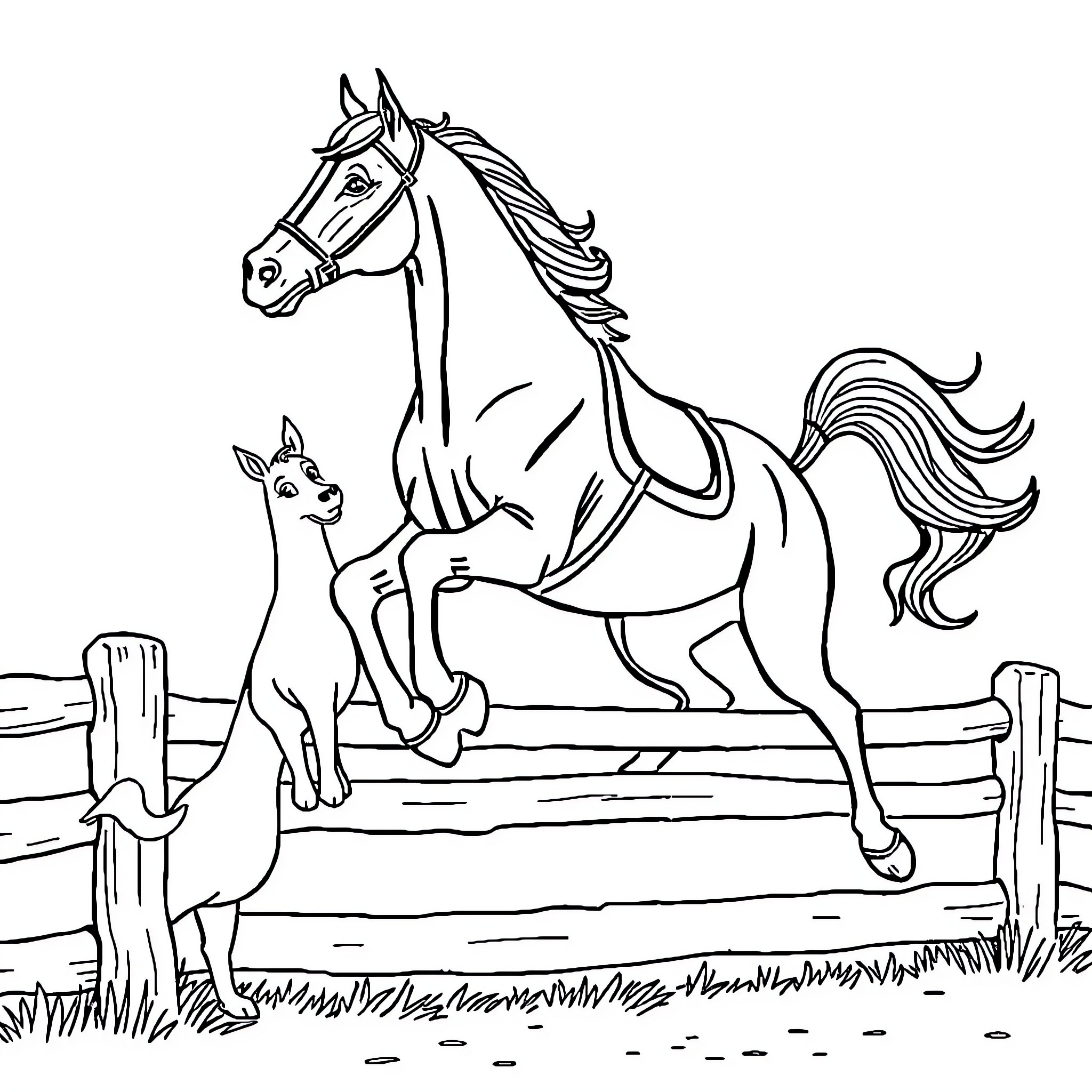 Horse and deer friends in the pasture Coloring Page (free black-and-white line drawing printable PDF for all, from beginners to advanced learners, including children, teens, adults, and seniors)