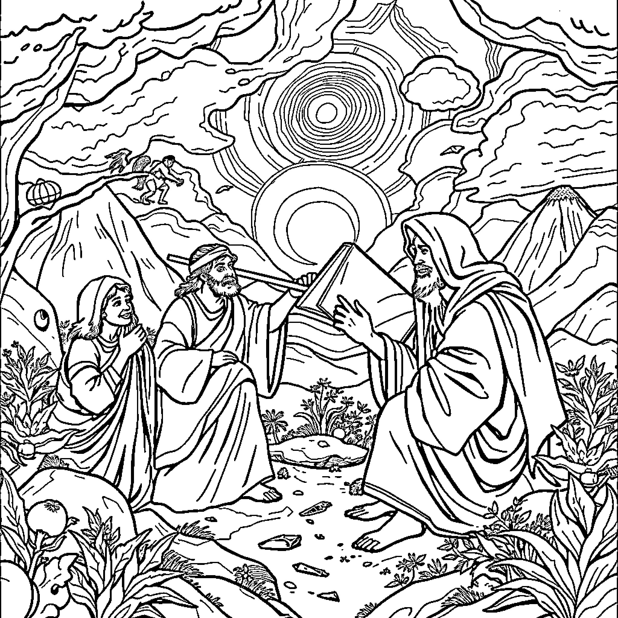 Bible characters in serene spiritual landscape Coloring Page (free black-and-white line drawing printable PDF for all, from beginners to advanced learners, including children, teens, adults, and seniors)
