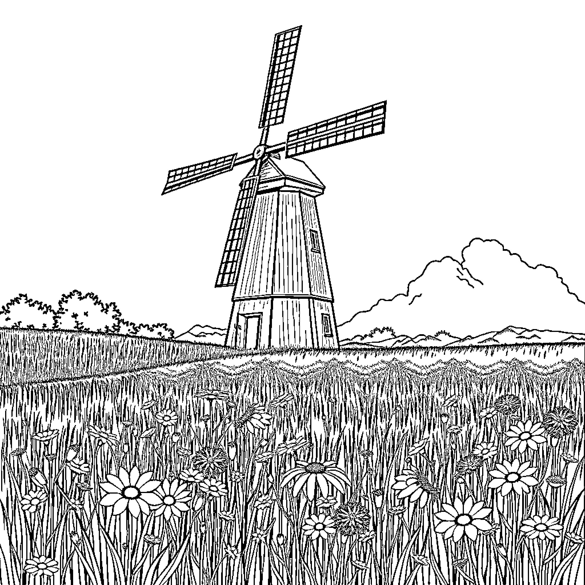 Windmill in a Floral Field Coloring Page (free black-and-white line drawing printable PDF for all, from beginners to advanced learners, including children, teens, adults, and seniors)