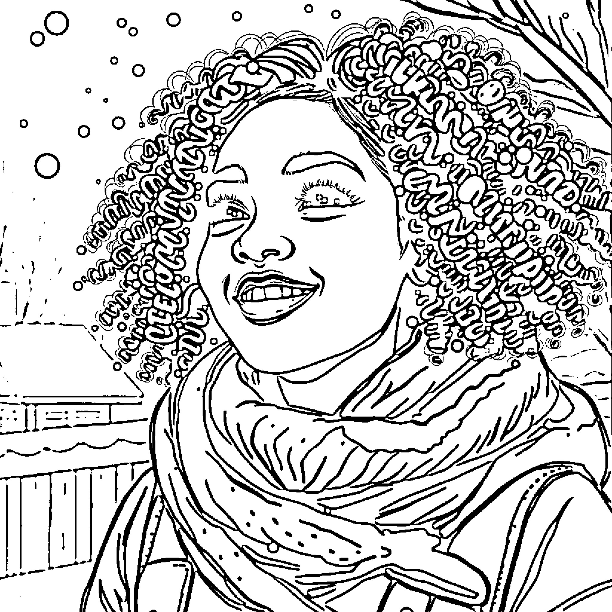 Girl smiling with curly hair in winter scene Coloring Page (free black-and-white line drawing printable PDF for all, from beginners to advanced learners, including children, teens, adults, and seniors)