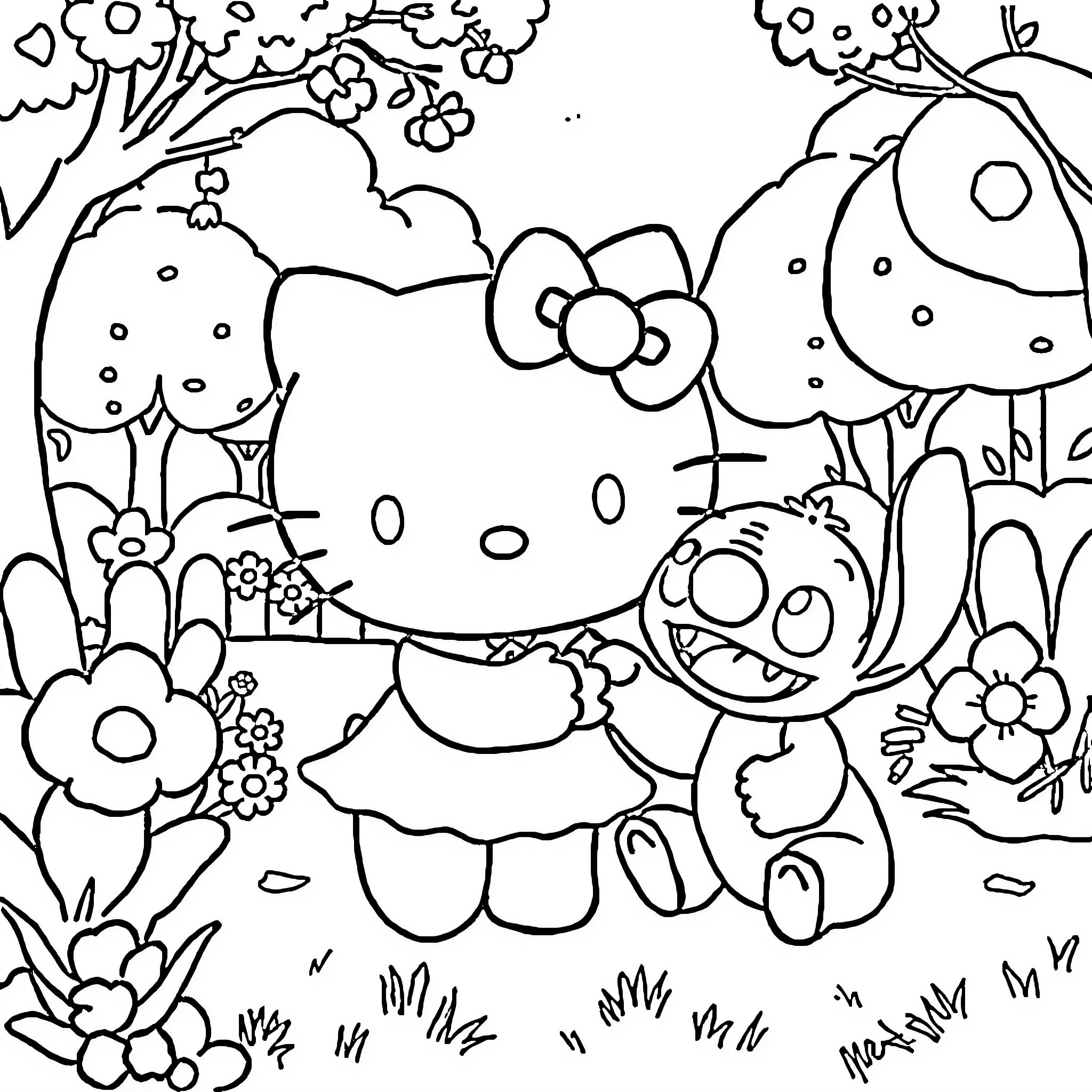 Hello Kitty playing with friends in a floral garden Coloring Page (free black-and-white line drawing printable PDF for all, from beginners to advanced learners, including children, teens, adults, and seniors)