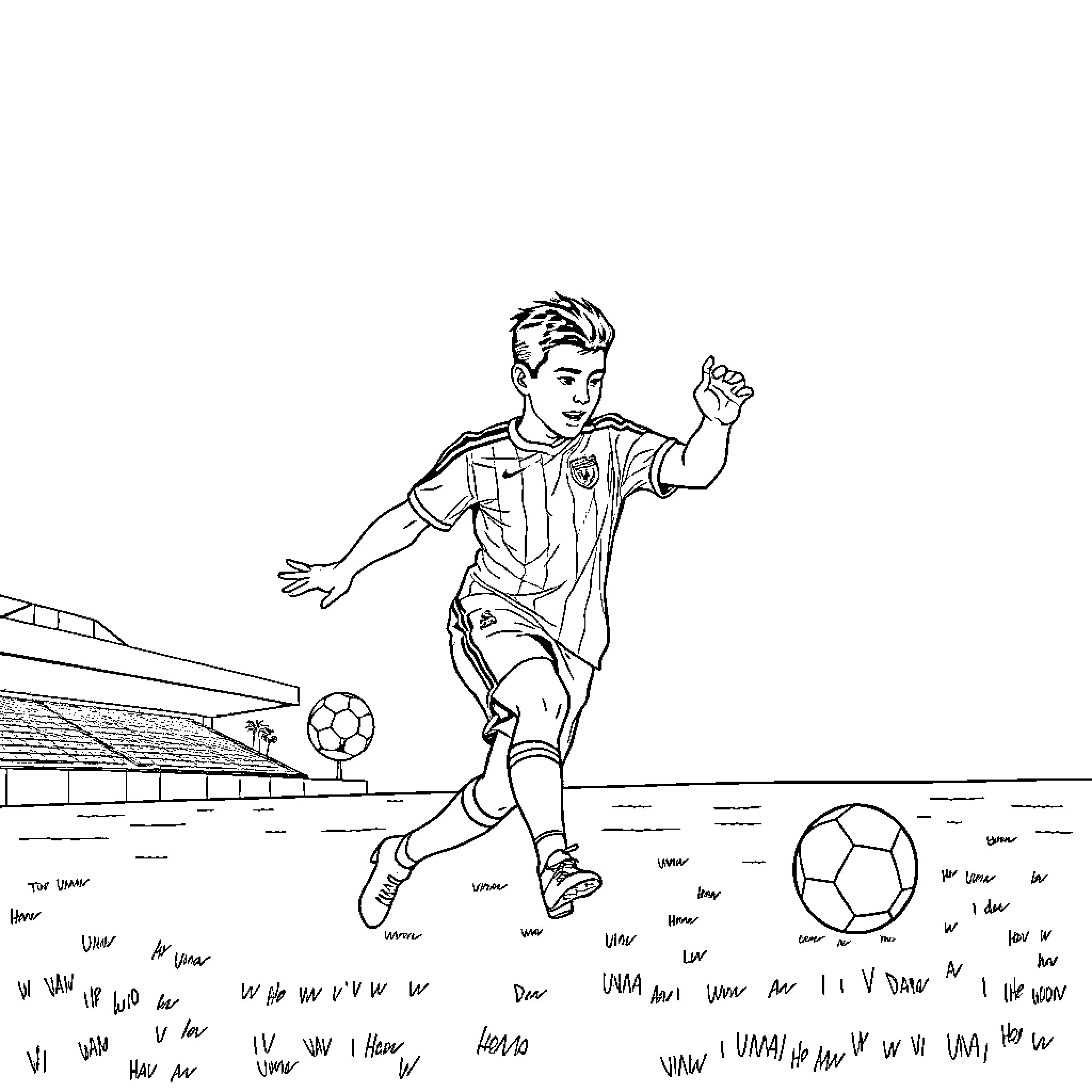 Goyo playing soccer on the field Coloring Page (free black-and-white line drawing printable PDF for all, from beginners to advanced learners, including children, teens, adults, and seniors)
