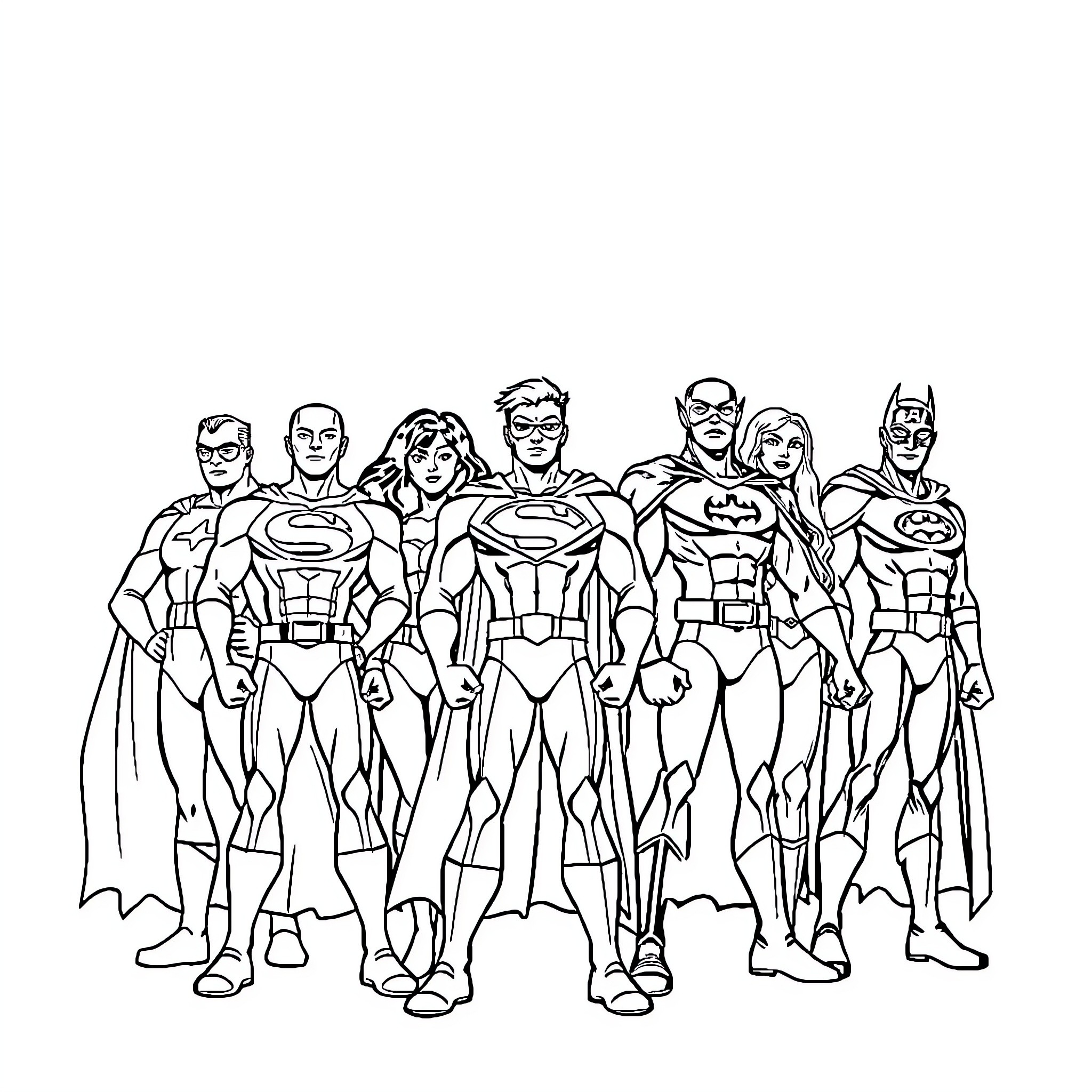 Superhero Team Assembled for Action Coloring Page (free black-and-white line drawing printable PDF for all, from beginners to advanced learners, including children, teens, adults, and seniors)